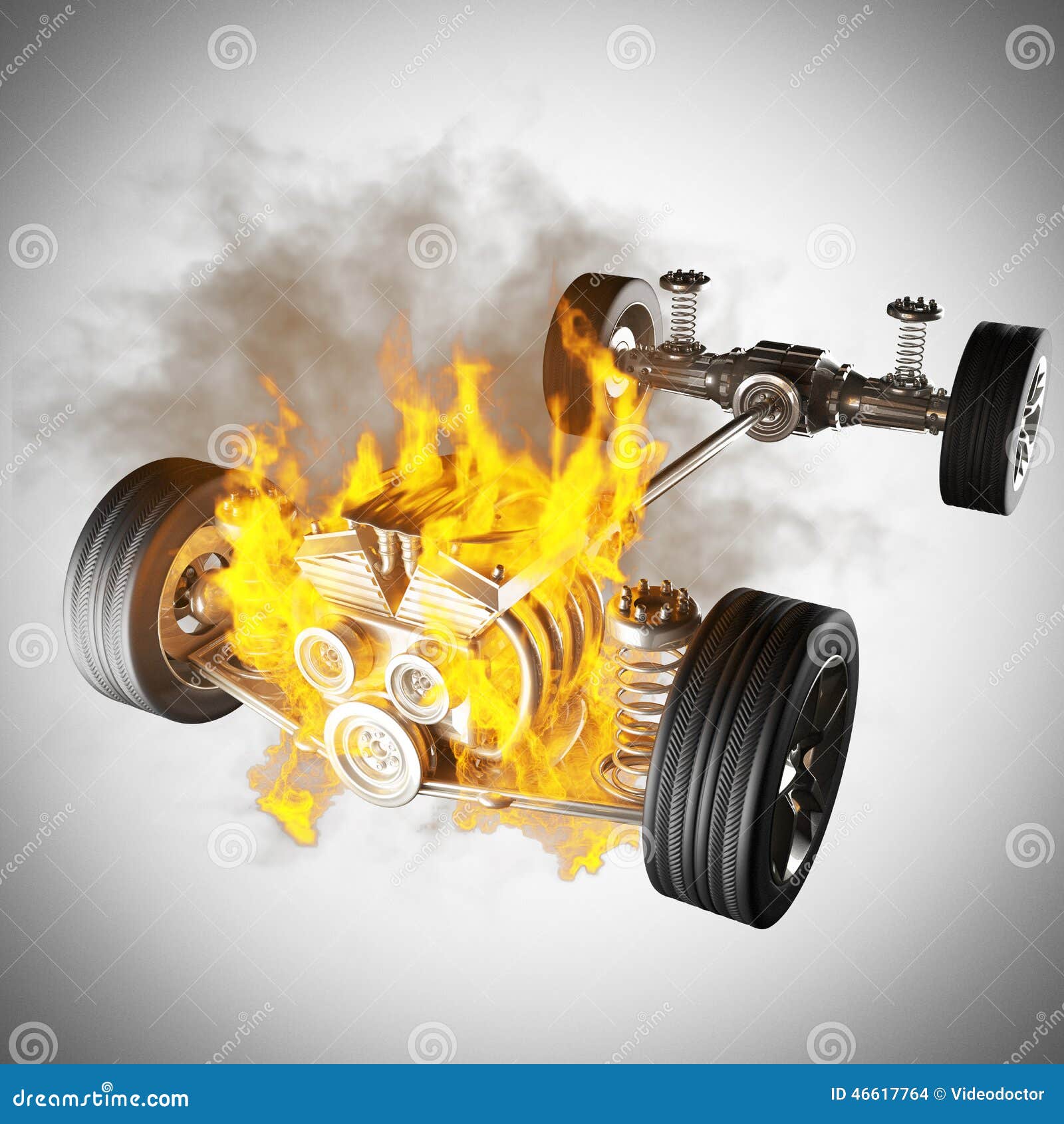 Burning Car Chassis with Engine and Wheels Stock Illustration