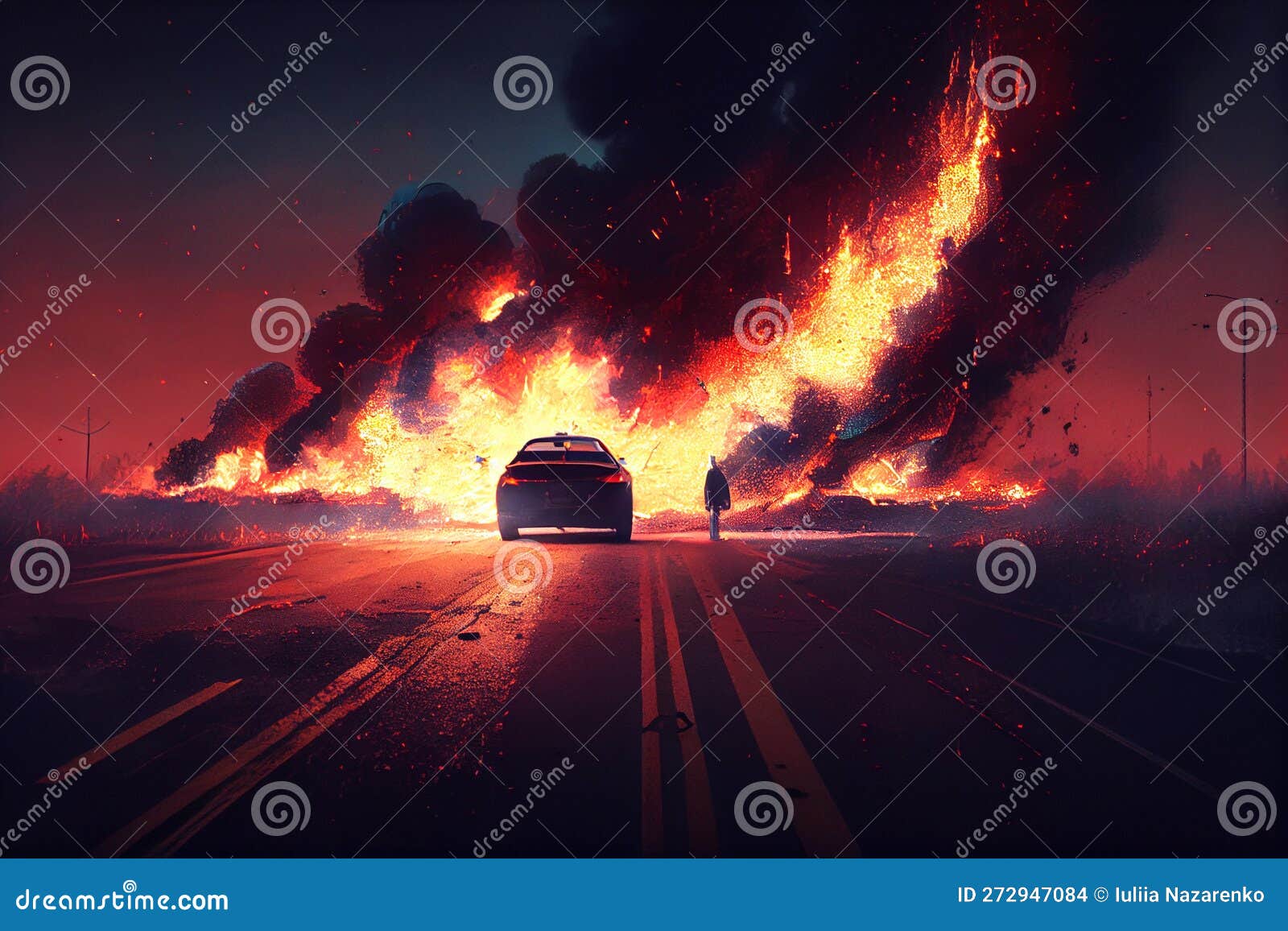 Burning Car on the Highway. AI Generated Stock Illustration