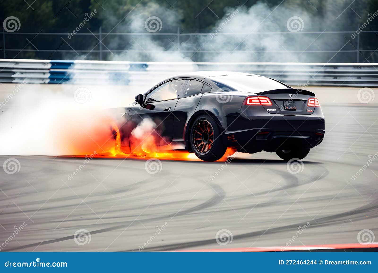 Burning Car on the Race Track. Fire from Under the Wheels, Smoke