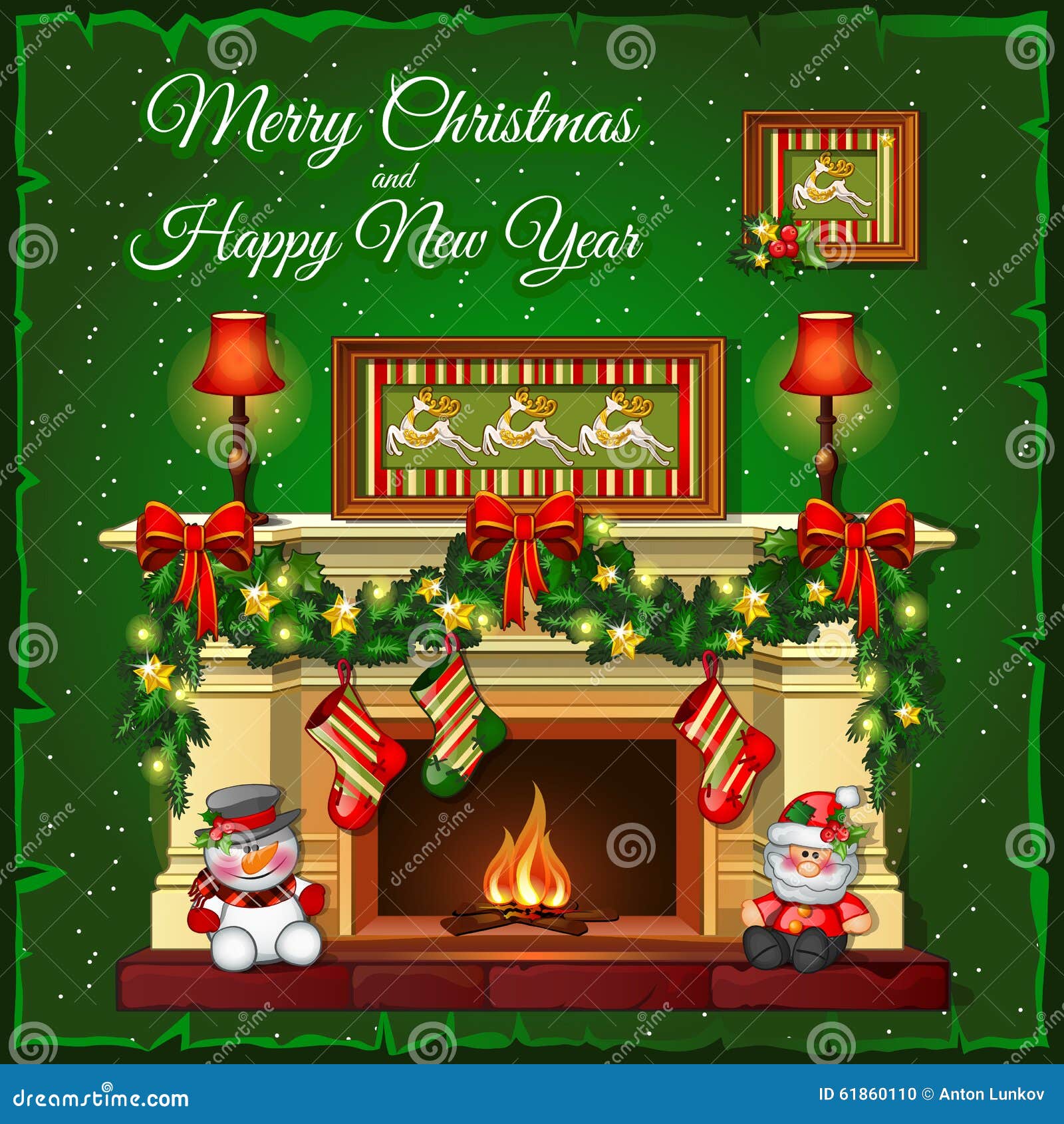 Burning Christmas Fireplace on a Green Background Stock Illustration