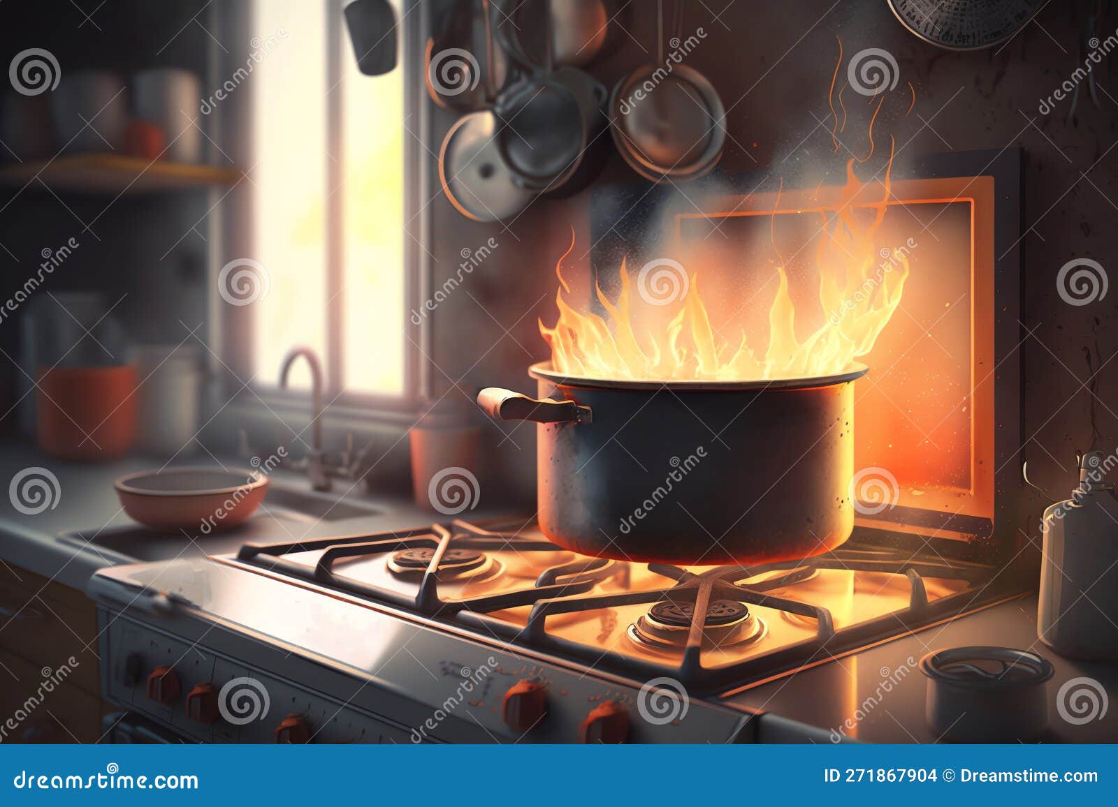 Burning Gas Stove. Fire in a Kitchen. Flames of Fire in Gas Stove