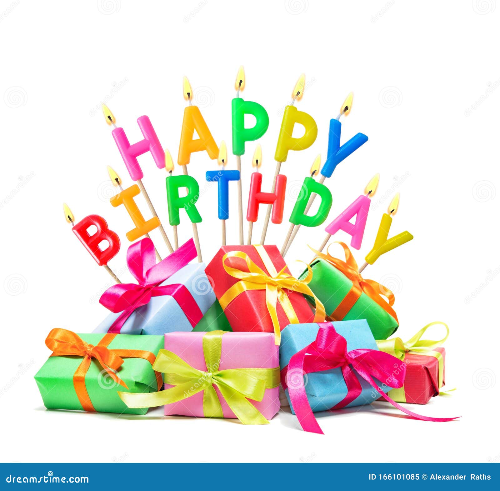 Burning Happy Birthday Candles with Gift Boxes Stock Image Image of
