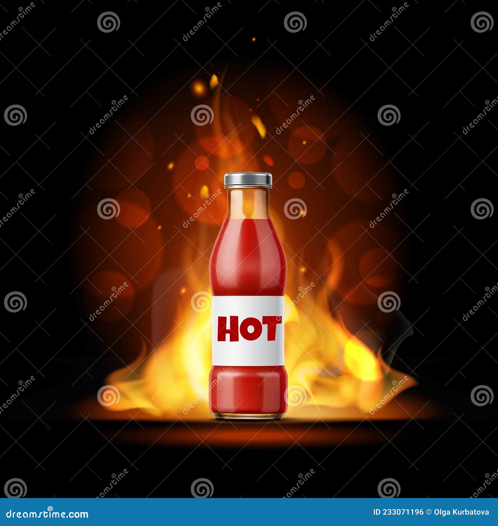 burning hot sauce. realistic spicy ketchup banner. flaming condiment bottle. chili food dressing advertising poster