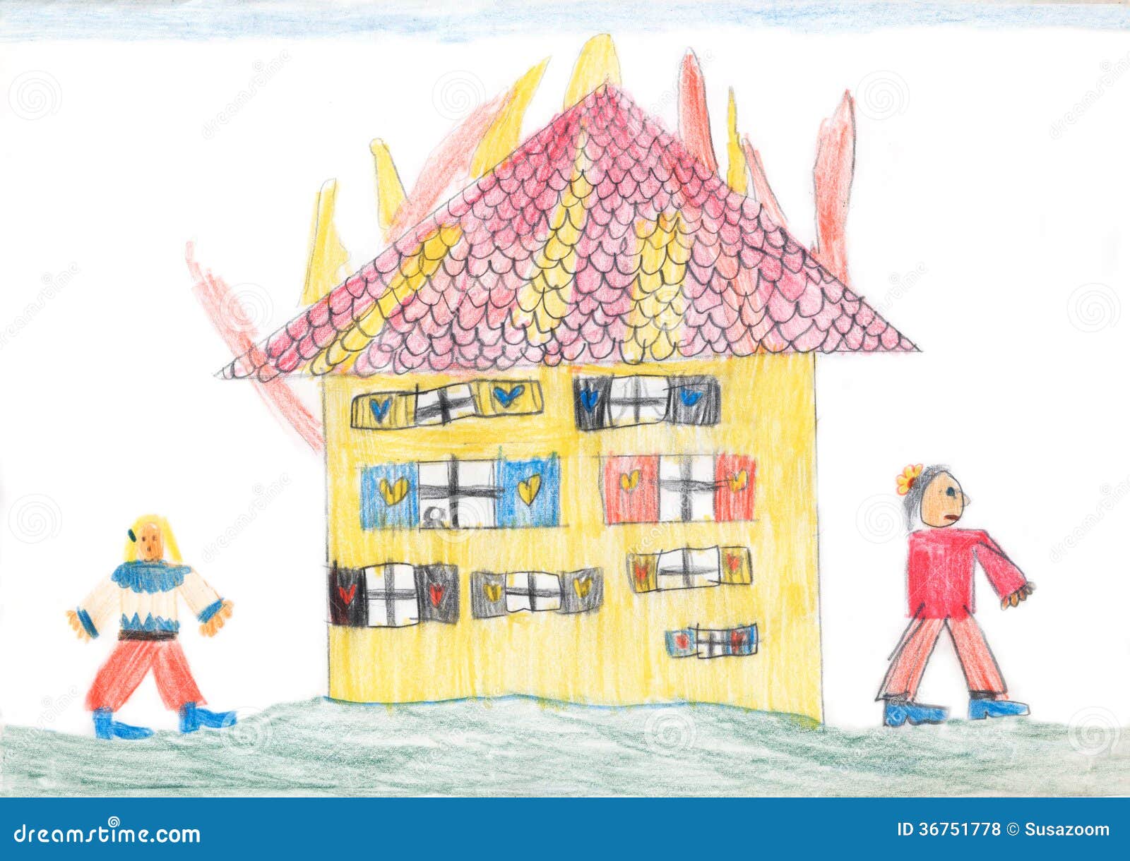 Burning House - Children Crayons Drawing Stock Illustration