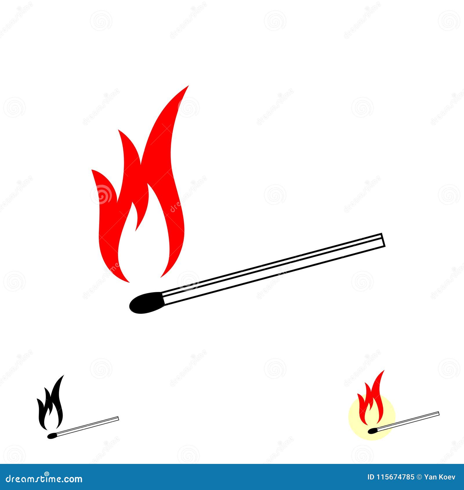 Vector retro illustration of a match with fire on white background. Vintage  icon of match with flame, Stock vector