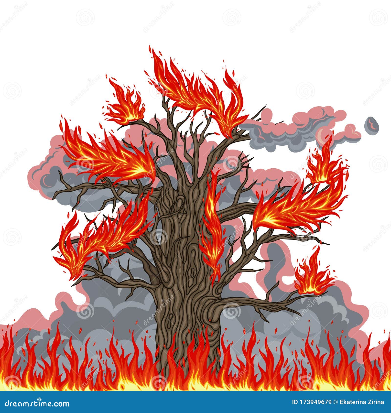 Burning Oak Tree in Fire and Smoke. Vector Graphics Stock Illustration