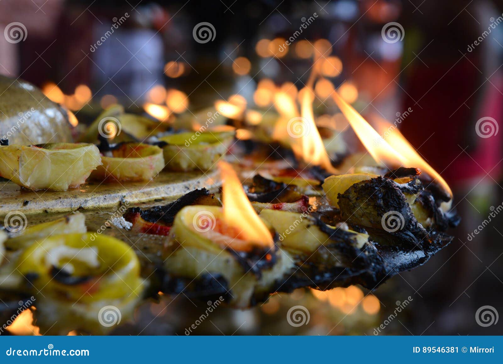 Burning Oil Hindu Temple Candles In A Folded Leaf Poured Oil Put The Wick Is Lit And