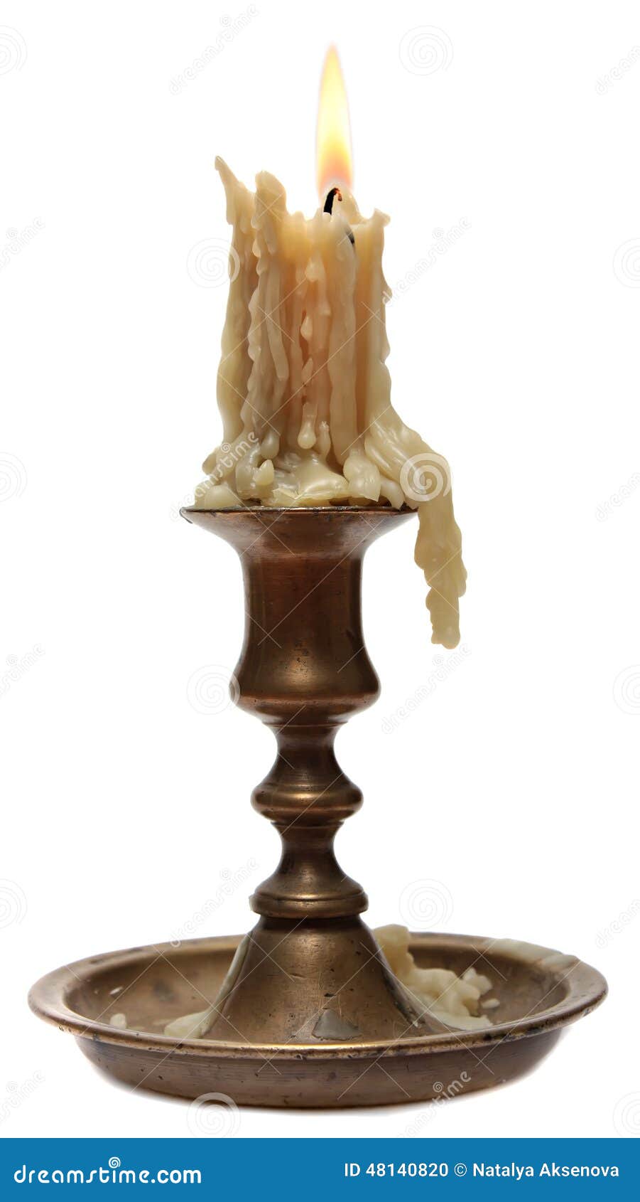 Burning Old Candle Vintage Bronze Candlestick. Stock Photo Image of