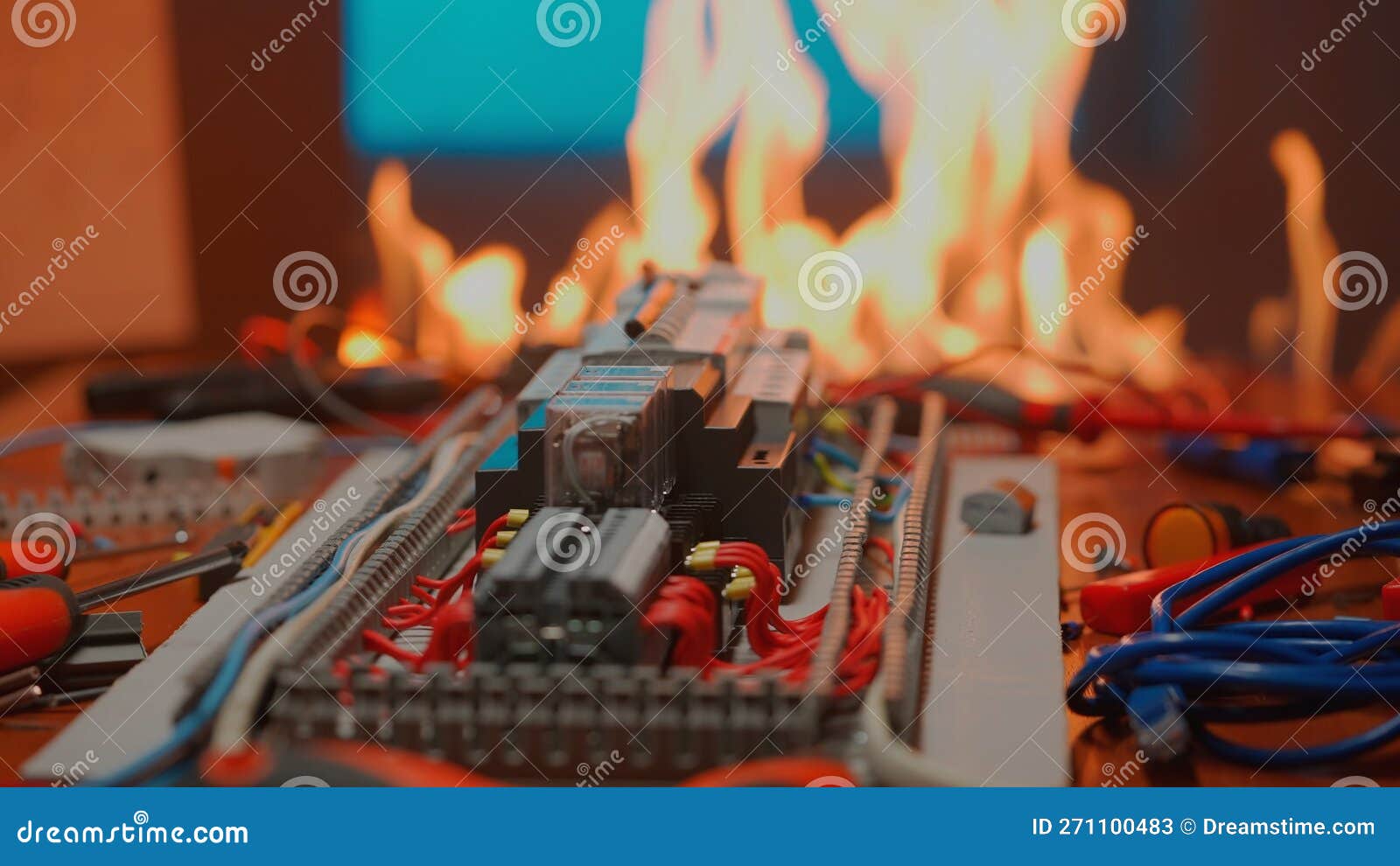 Burning Switchboard from Overload or Short Circuit. Circuit Breakers on