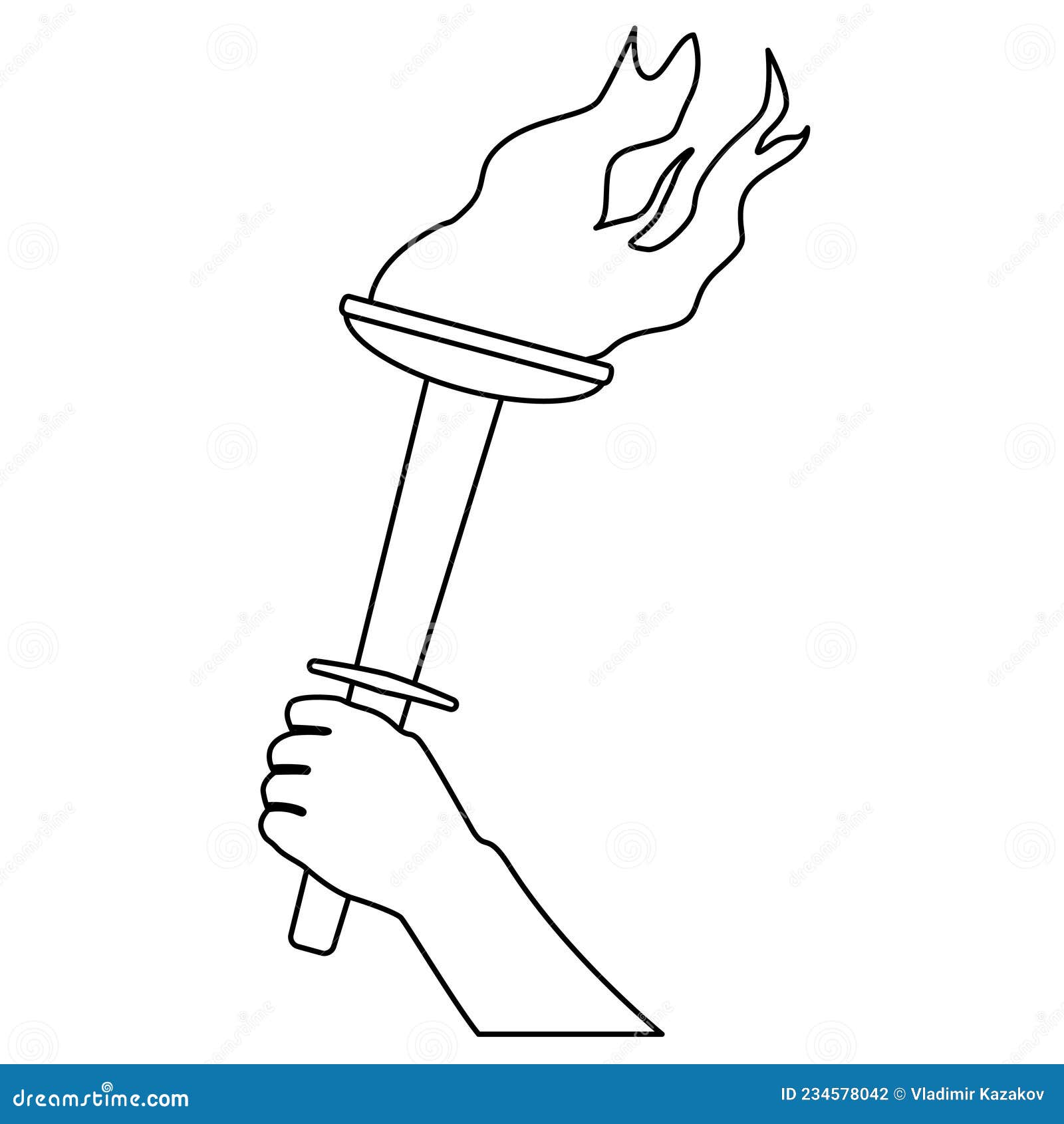 Burning Torch in Hand Outline Isolated on White. Contour Design Element