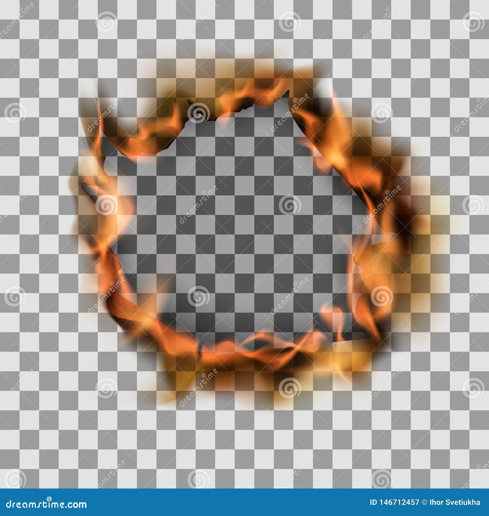 Burning Torn Hole in Paper Sheet. Vector Illustration on Transparent