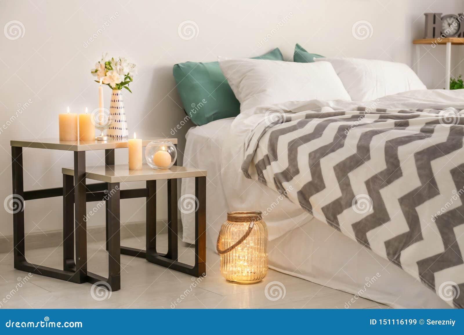 Burning Wax Candles in Bedroom Interior Stock Image Image of table