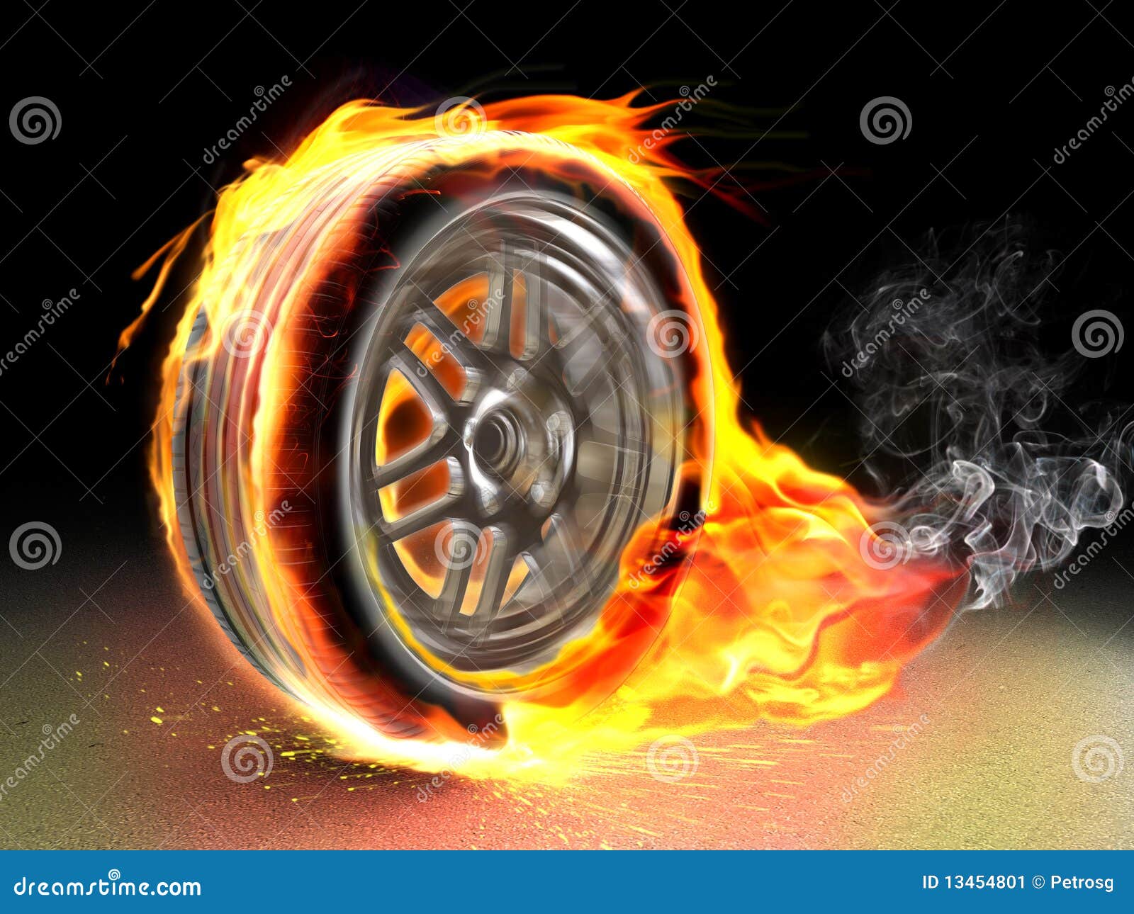 Burning Wheel Of Car Flames On Tire Symbol Of Speed And Racing Vector