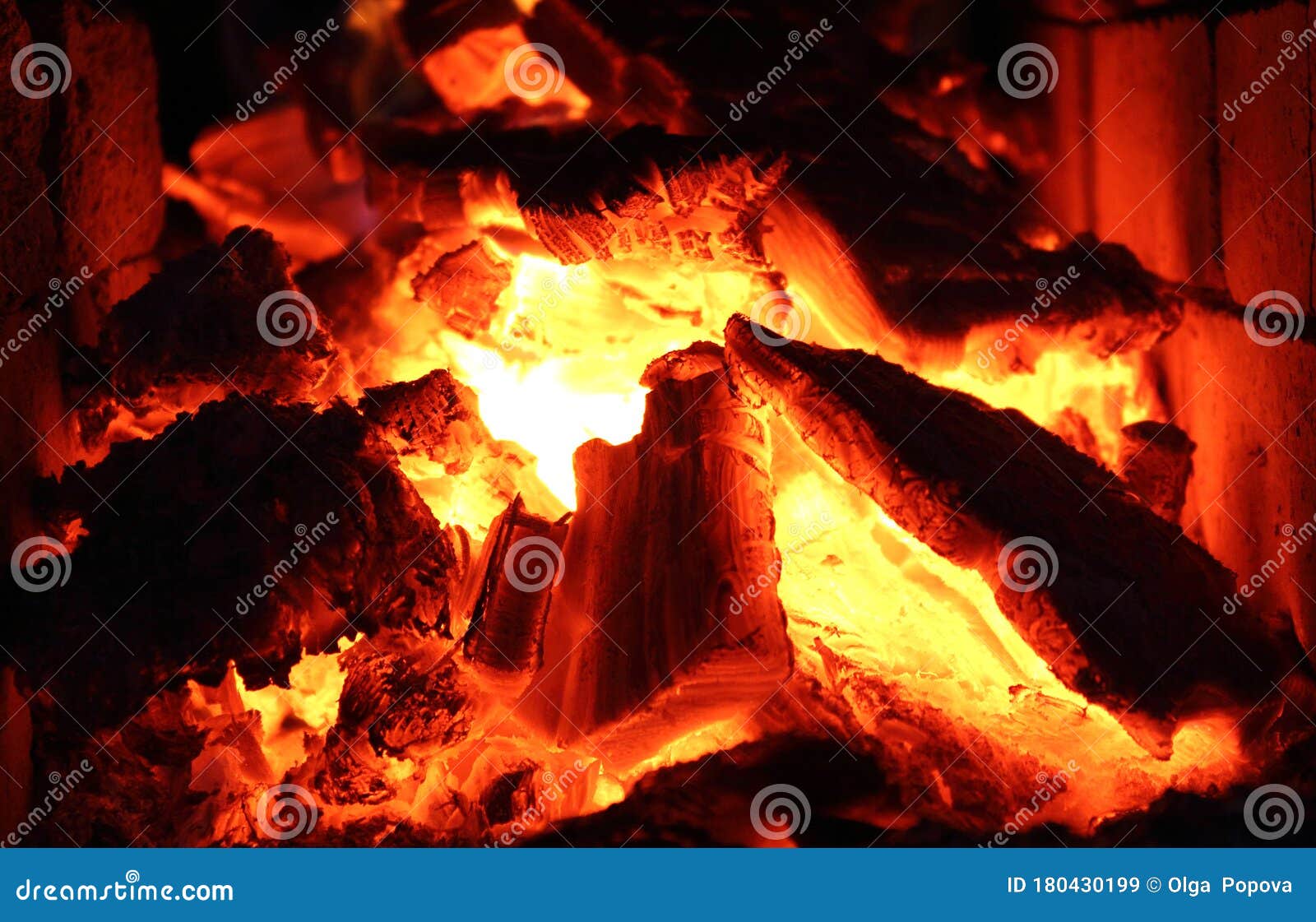 Burning Wood and Fire in the Fireplace Stock Image Image of brick