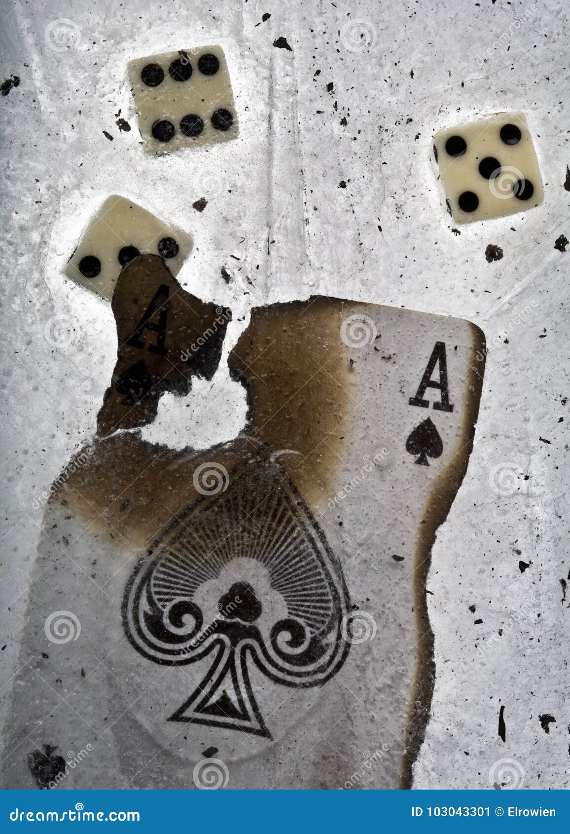 burnt ace of spades and dices in ice