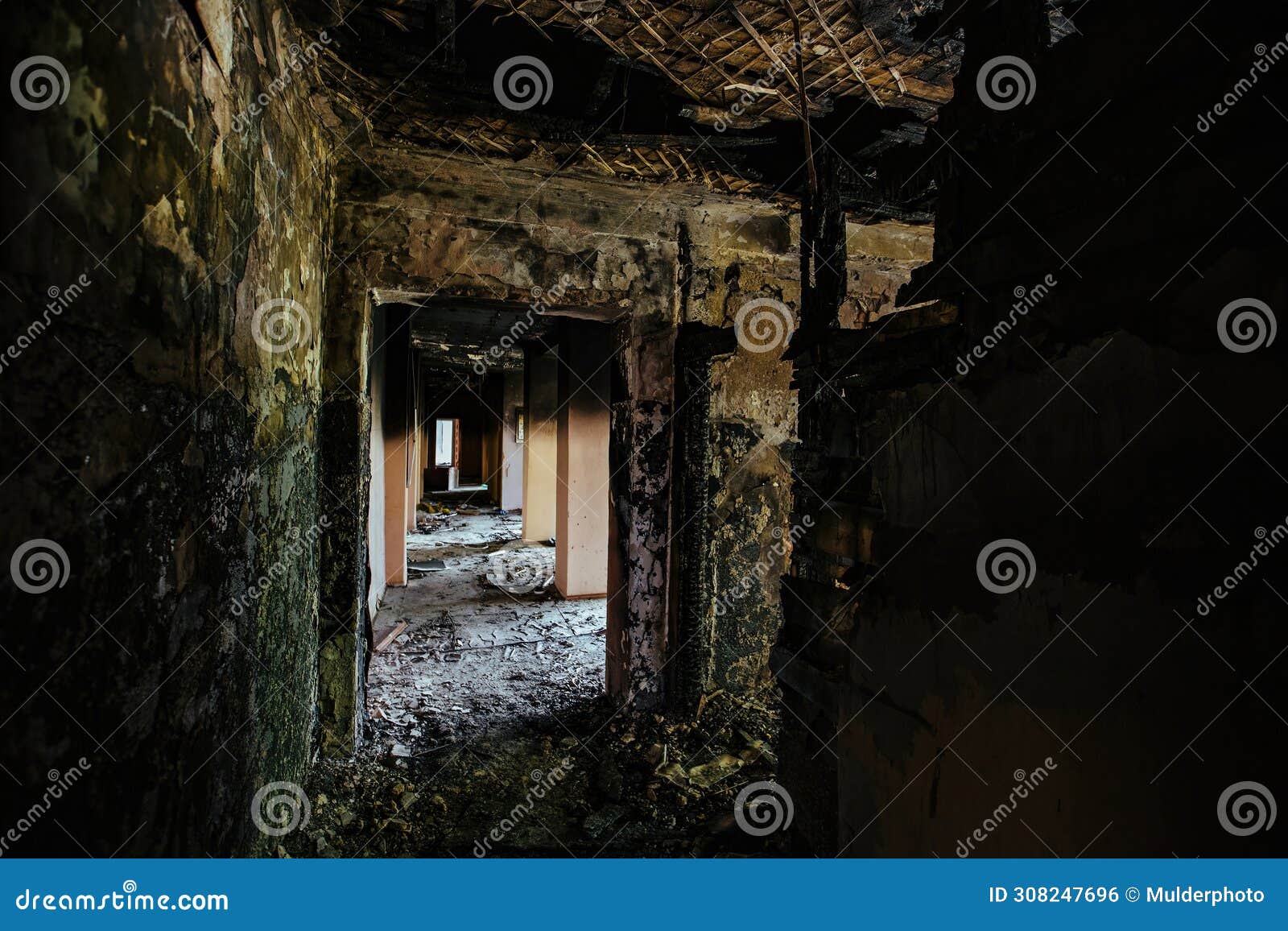 Burnt Building Interior. Ruined Corridor Walls in Black Soot Stock