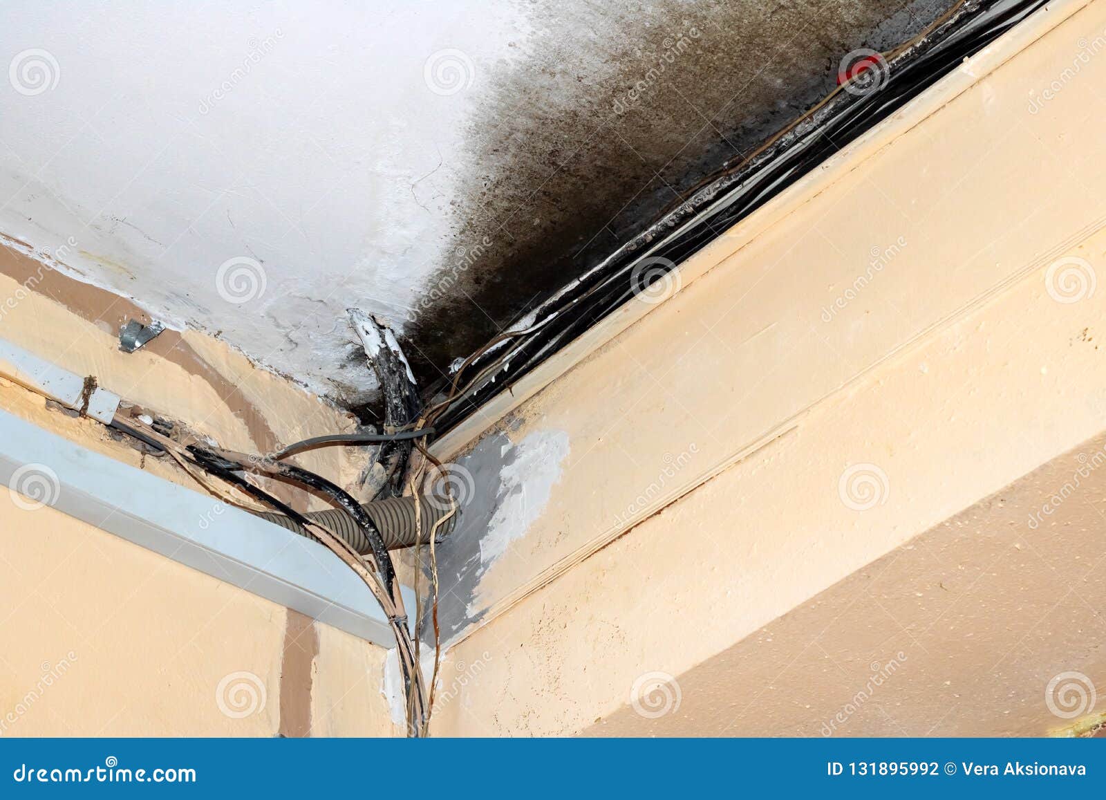 Burnt Electrical Fire, Violation of Fire Safety Regulations Stock Photo