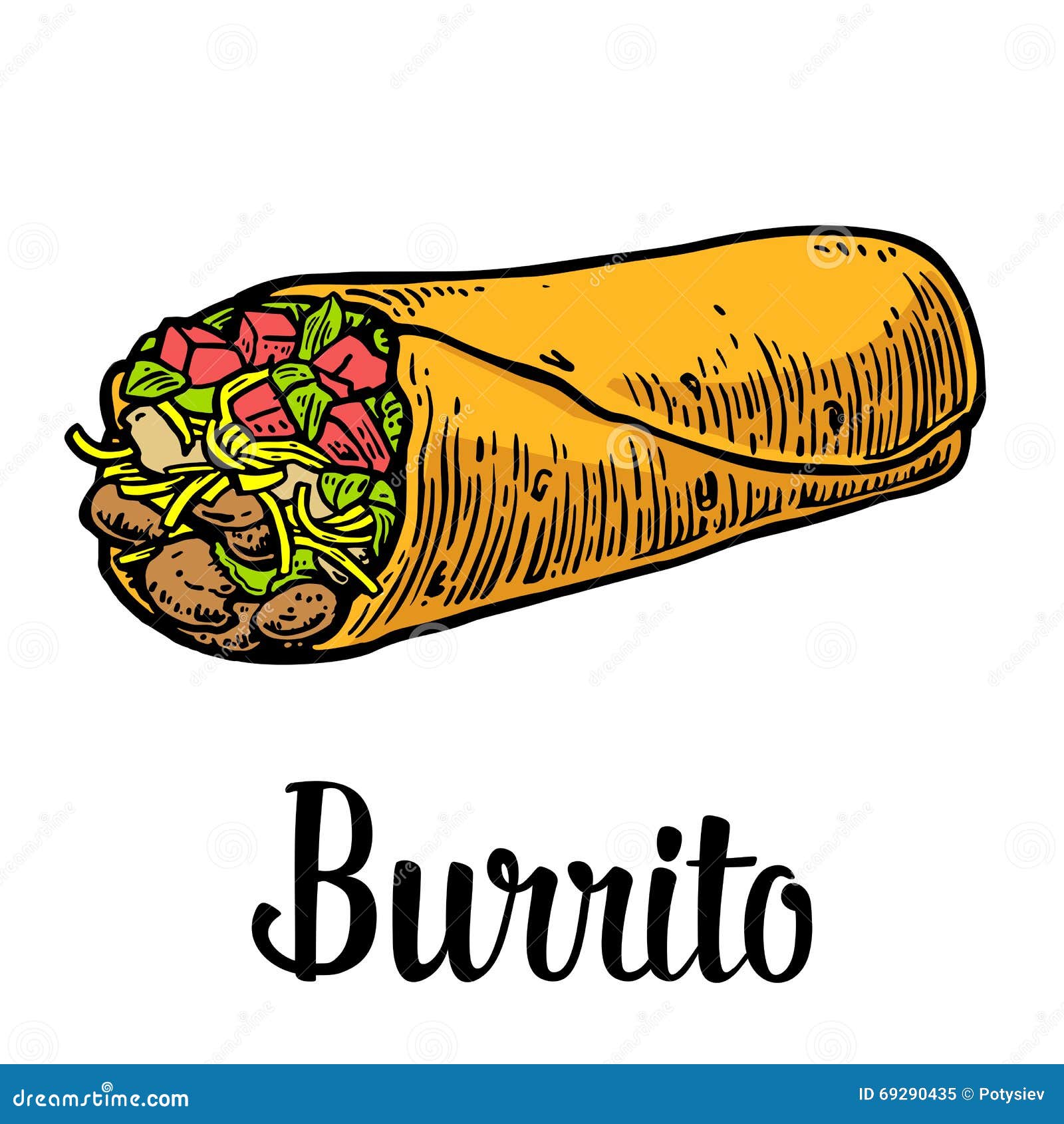 Burrito - Mexican Traditional Food. Vector Color Vintage Engraved