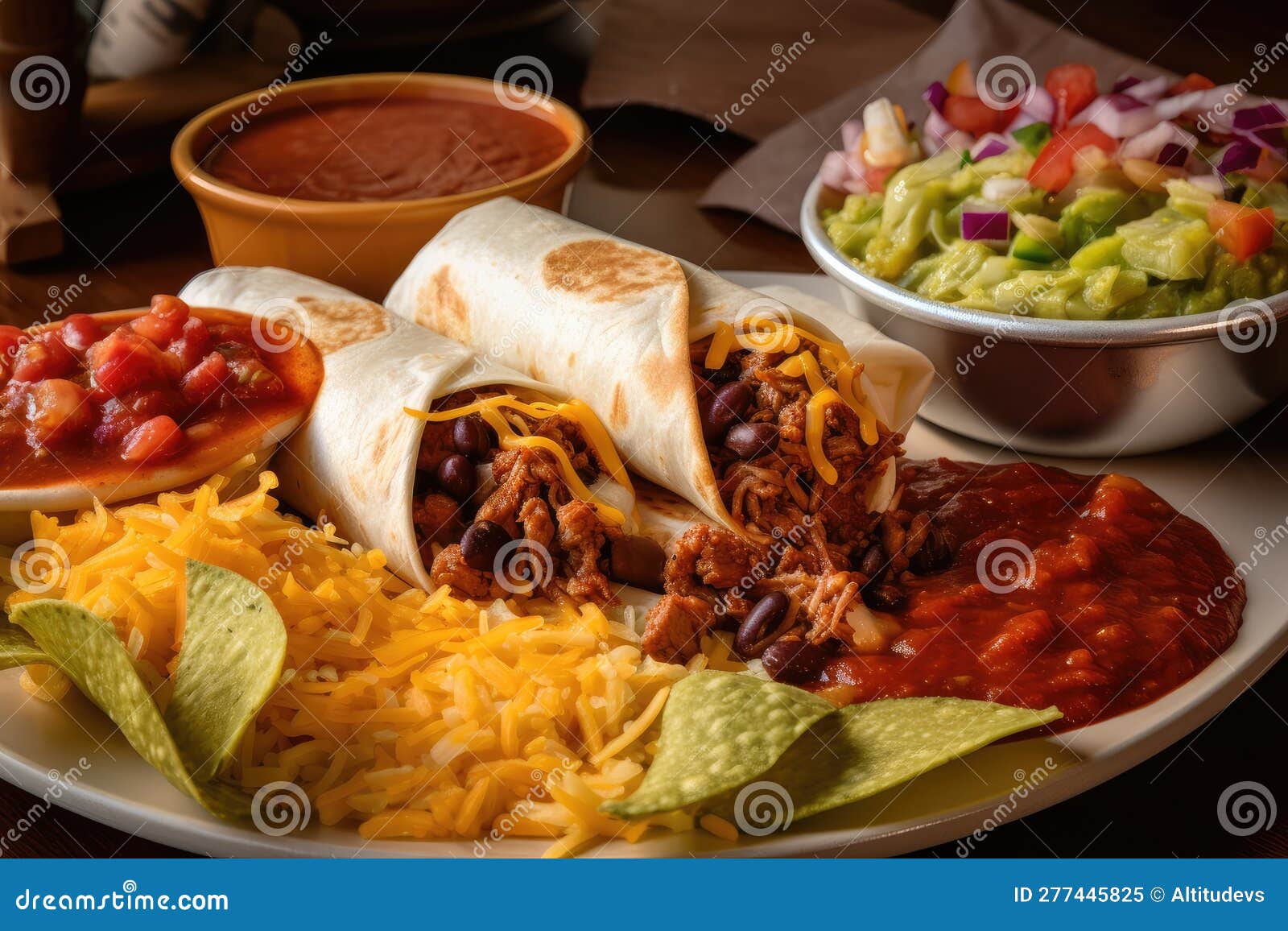 Burrito And Nachos Platter With Sizzling Fajita Meat, Spicy Salsa, And ...