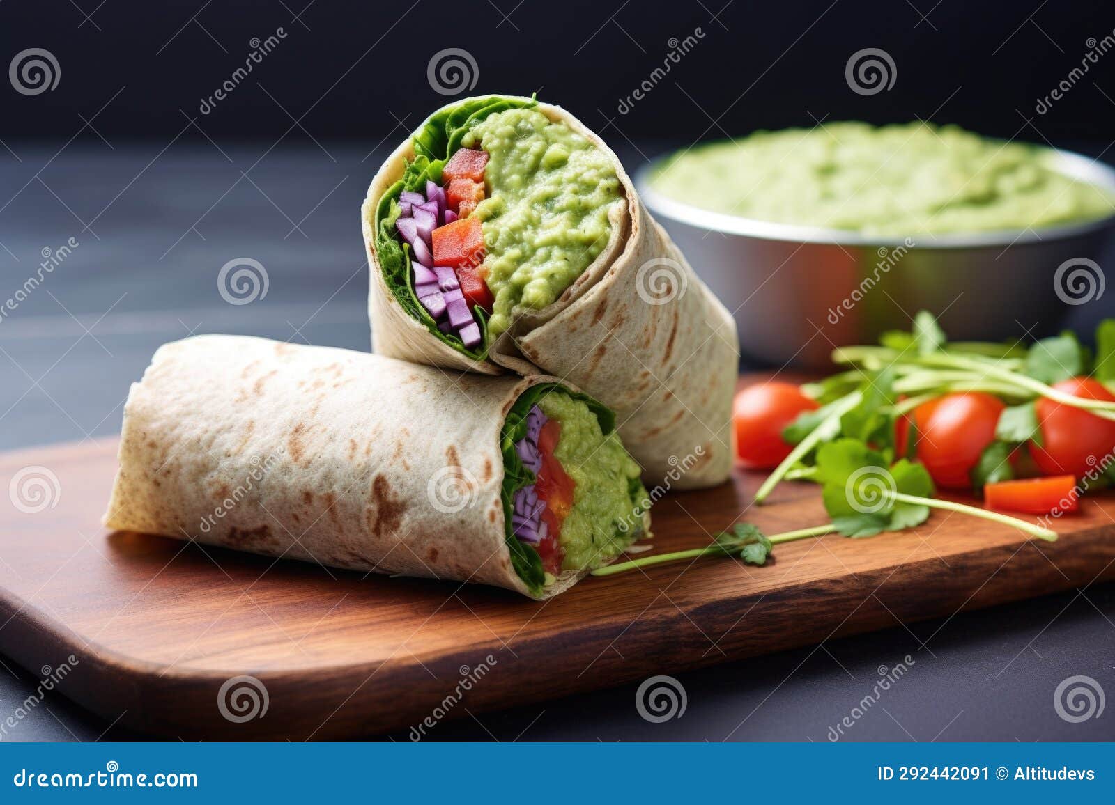 A Burrito Next To a Bowl of Guacamole Dip Stock Image Image of