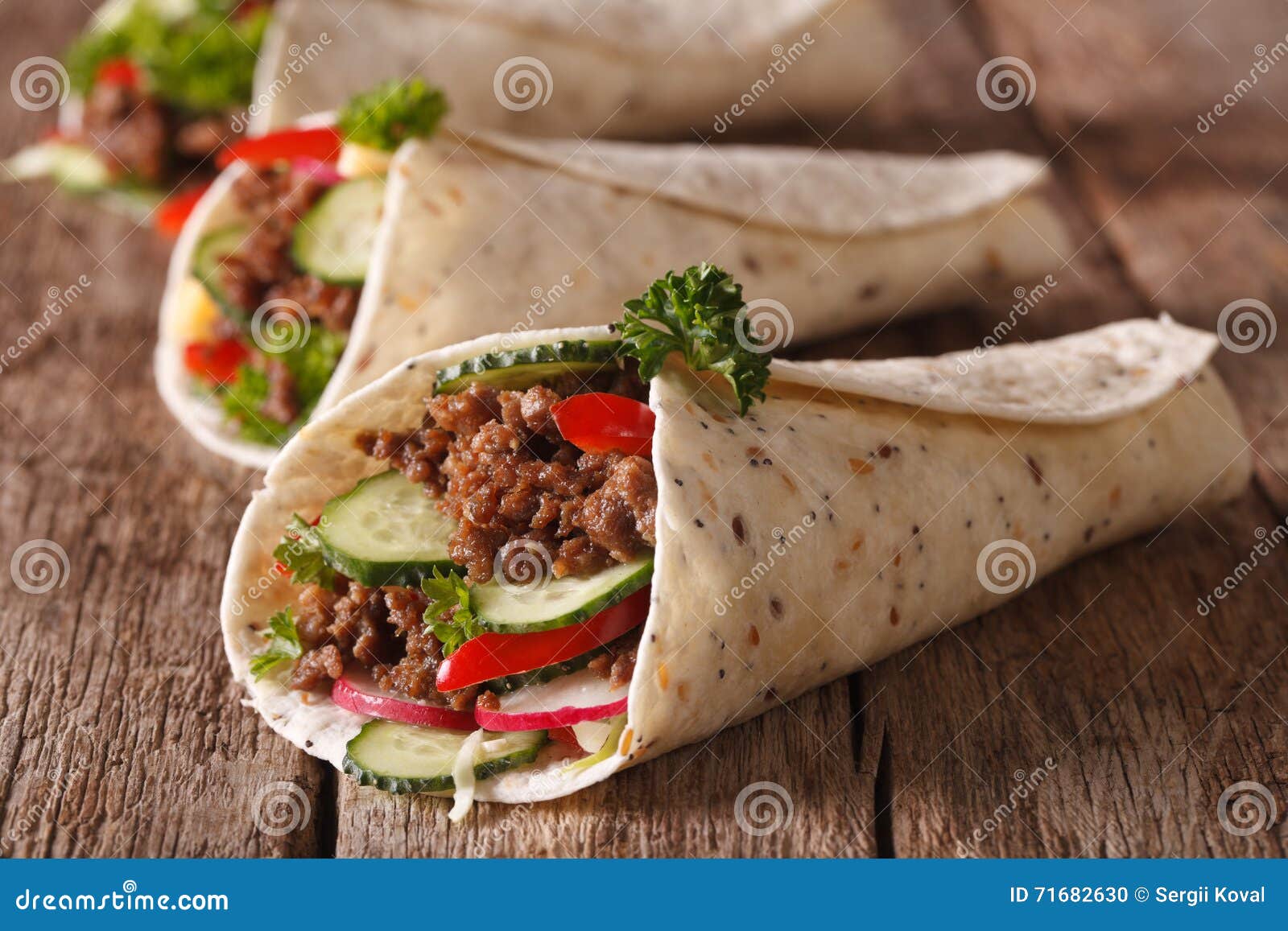 Burritos with Minced Meat and Fresh Vegetables Closeup. Horizon Stock Photo Image of minced