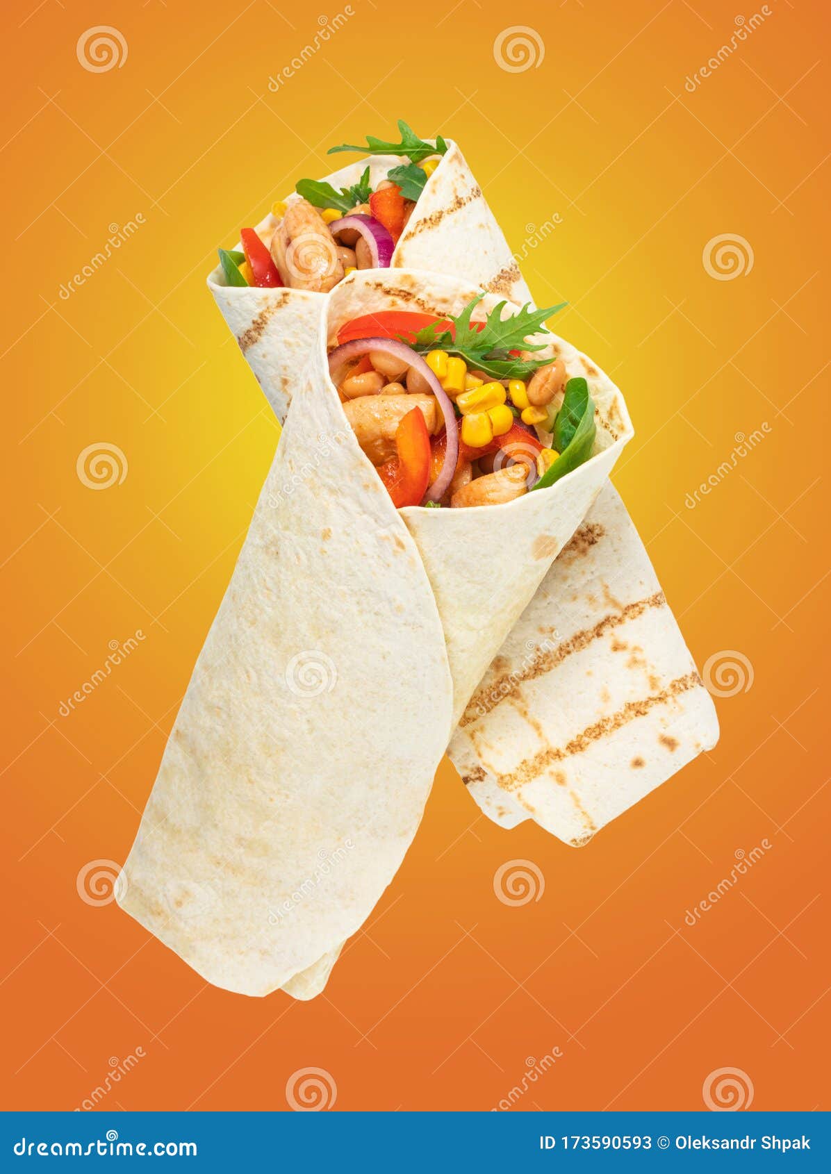 Burritos Wraps with Fried Chicken Meat and Vegetables Stock Image