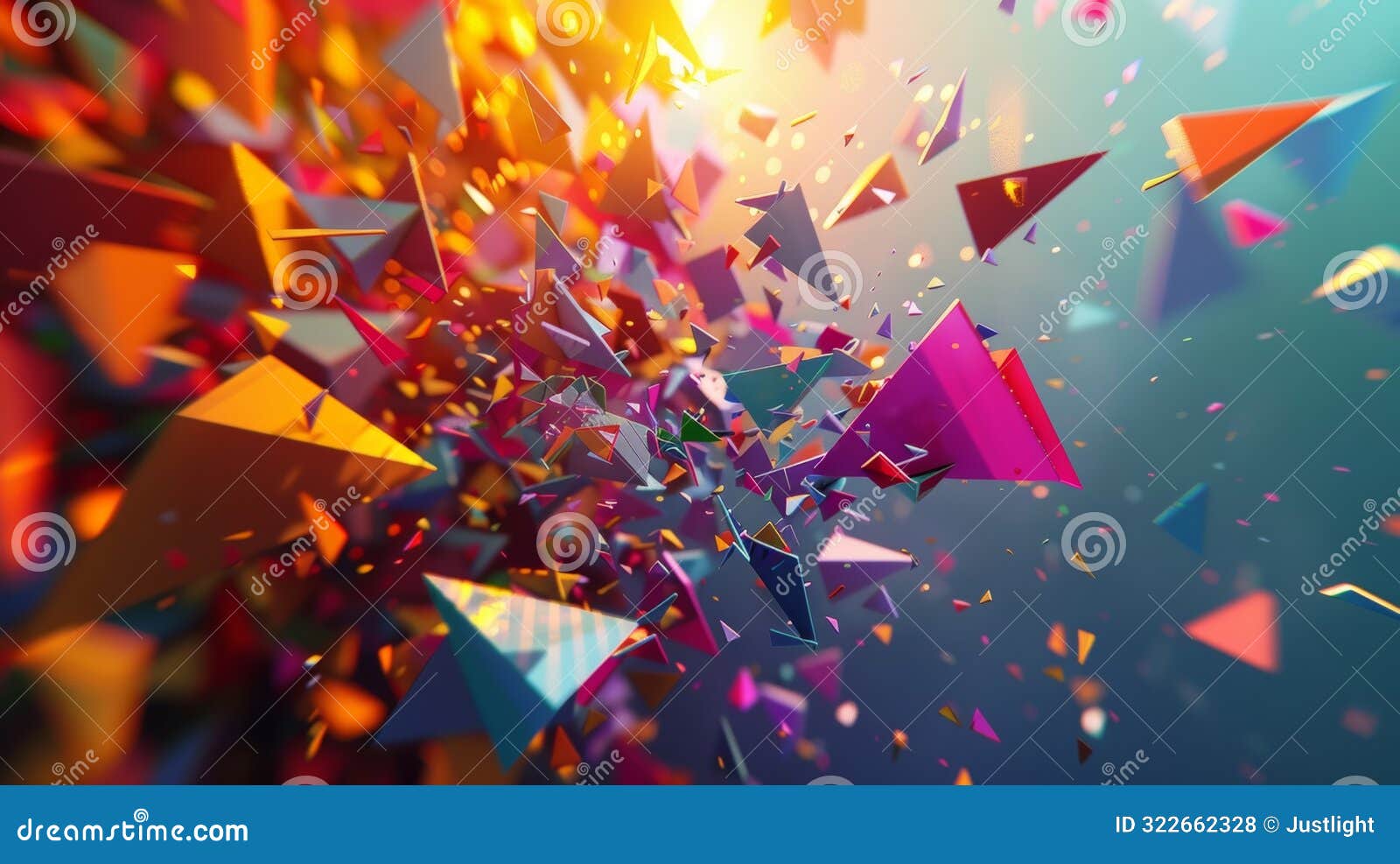 a burst of colorful triangles exploding from a central point