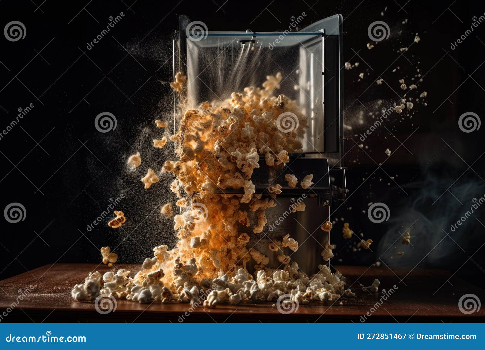 Burst of Popcorn Kernels Exploding Out of a Popcorn Machine