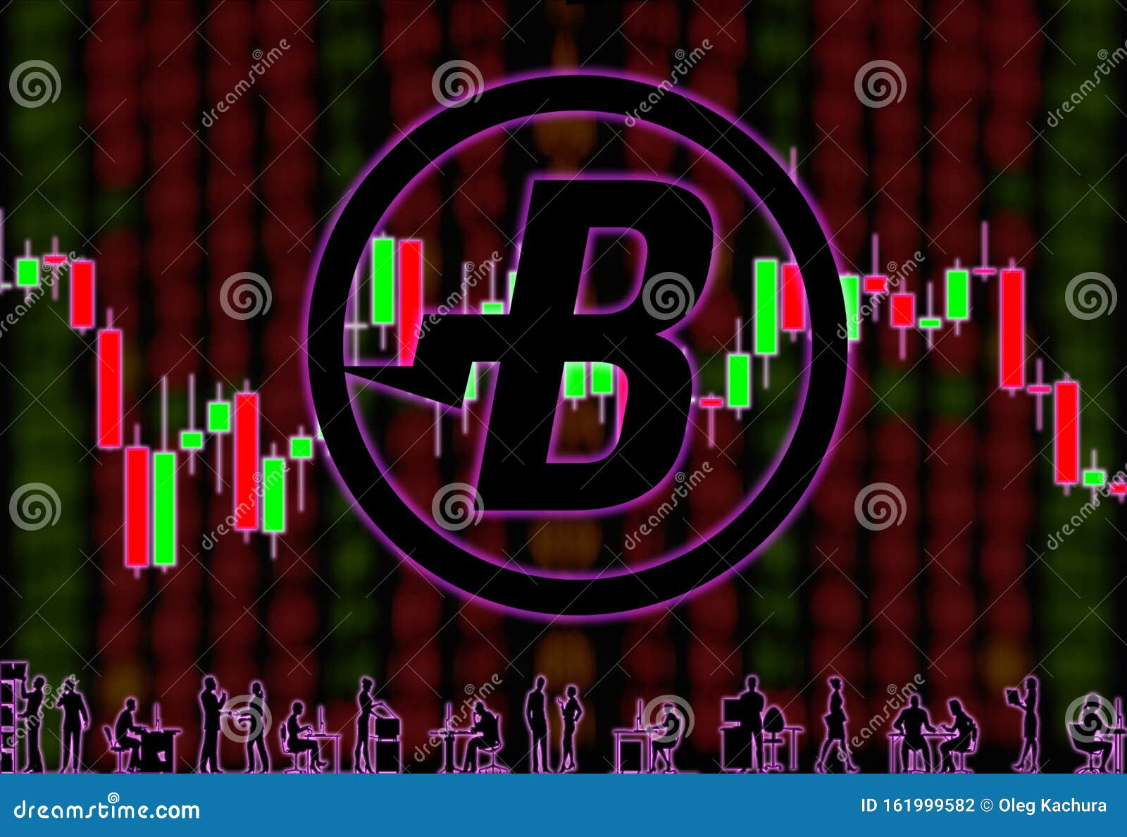 burstcoin burst cryptocurrency. background of blurry numbers and candlestick chart. silhouettes of office workers