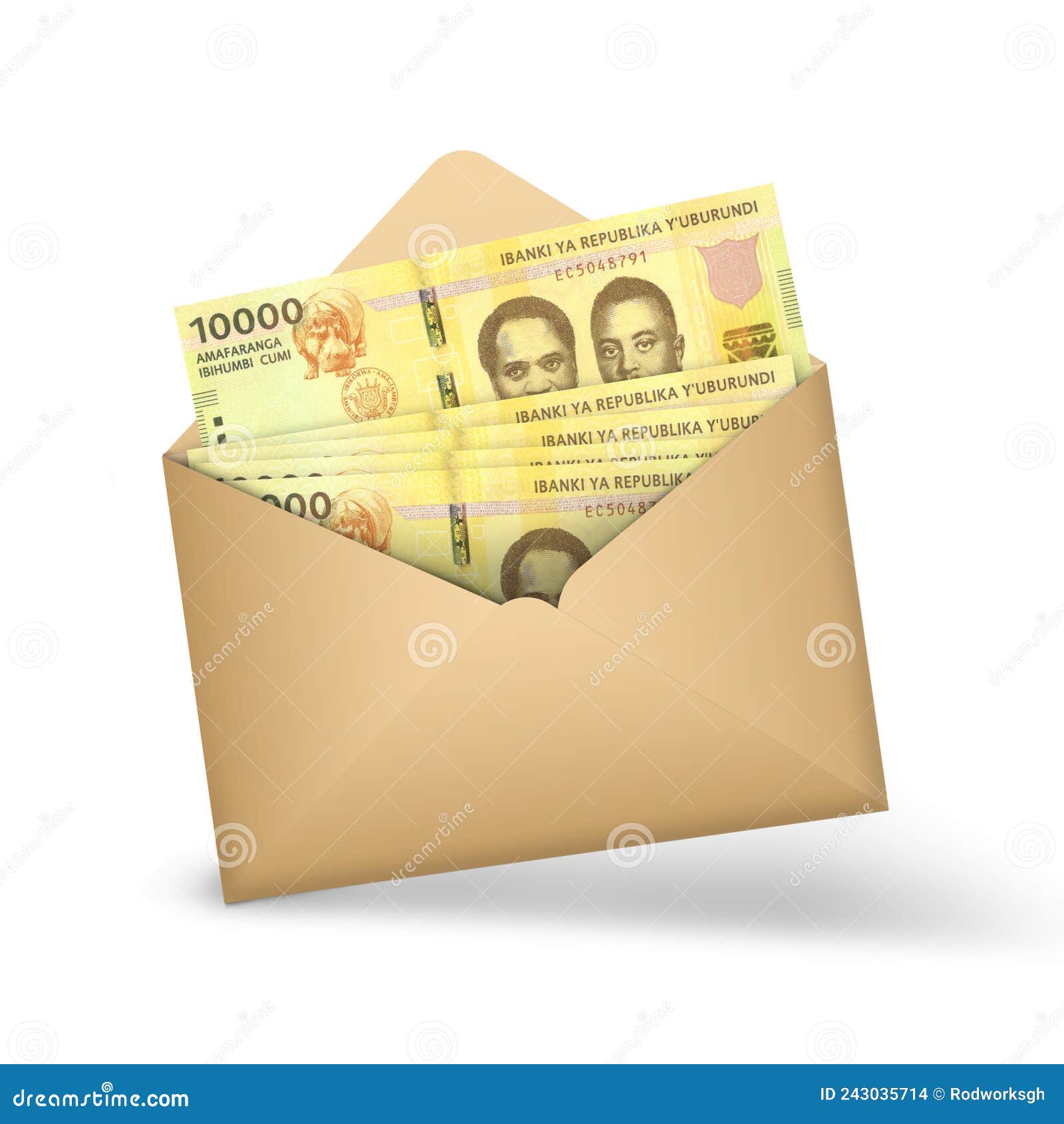 10000 burundian franc notes inside an open brown envelope