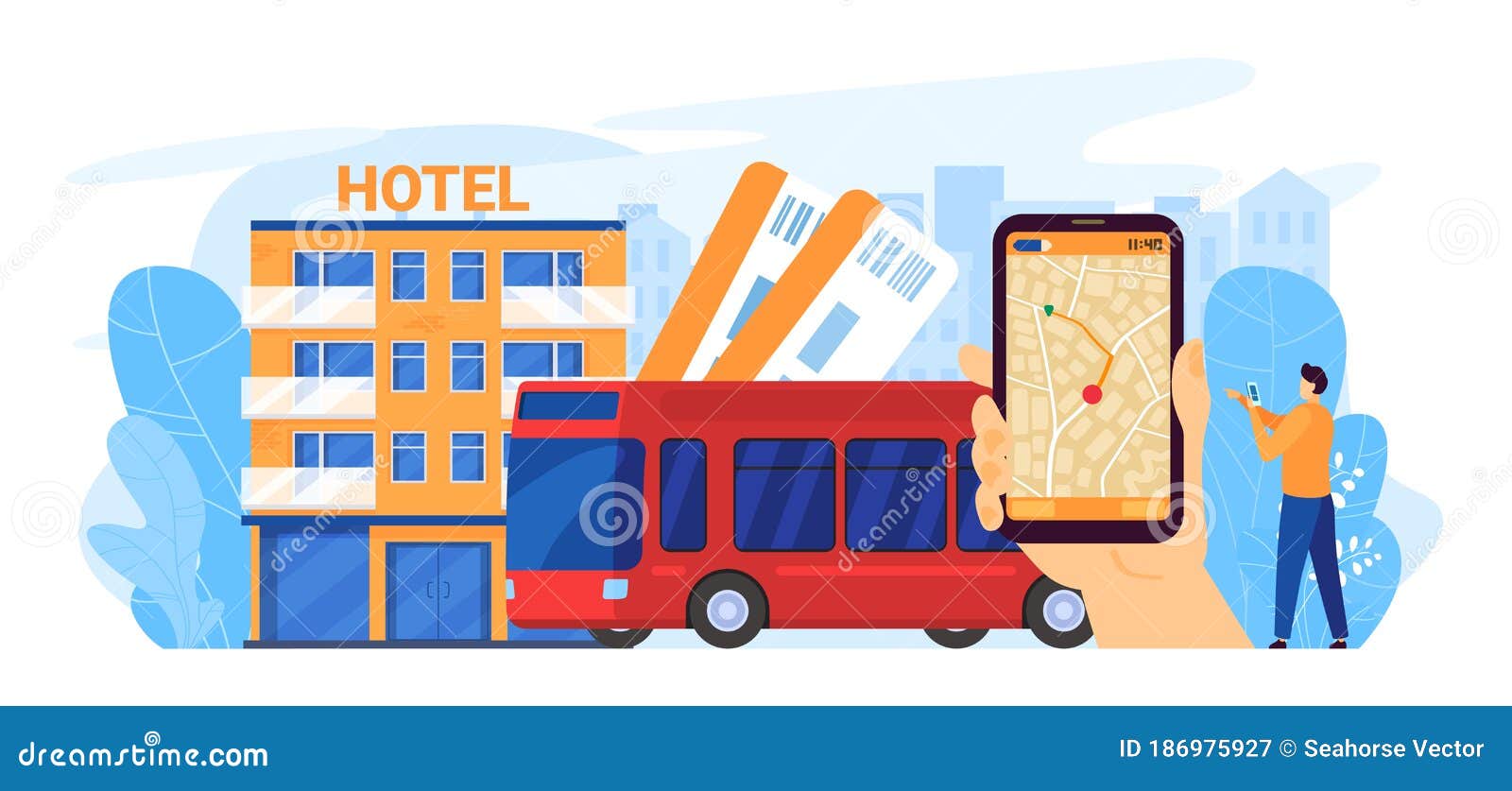bus city tour  , cartoon flat traveler hand holding smartphone with autobus city plan, map mobile app