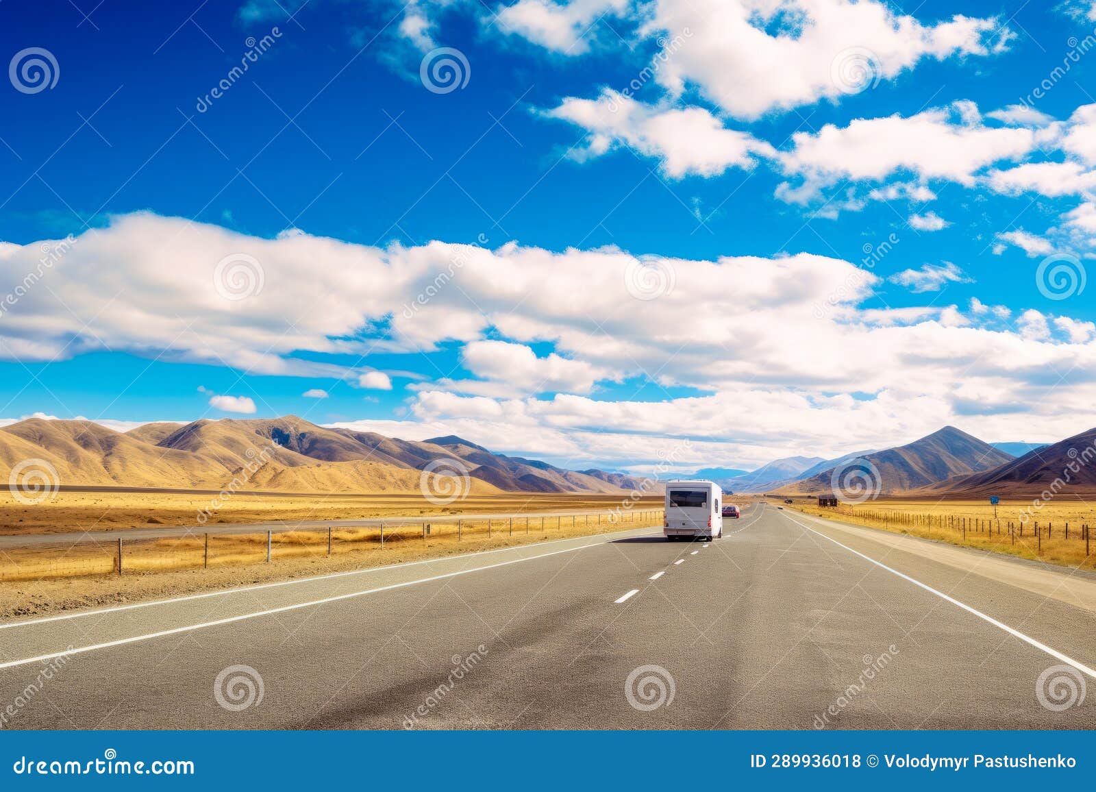 Bus Driving Down Road in the Middle of Nowhere. Generative AI Stock