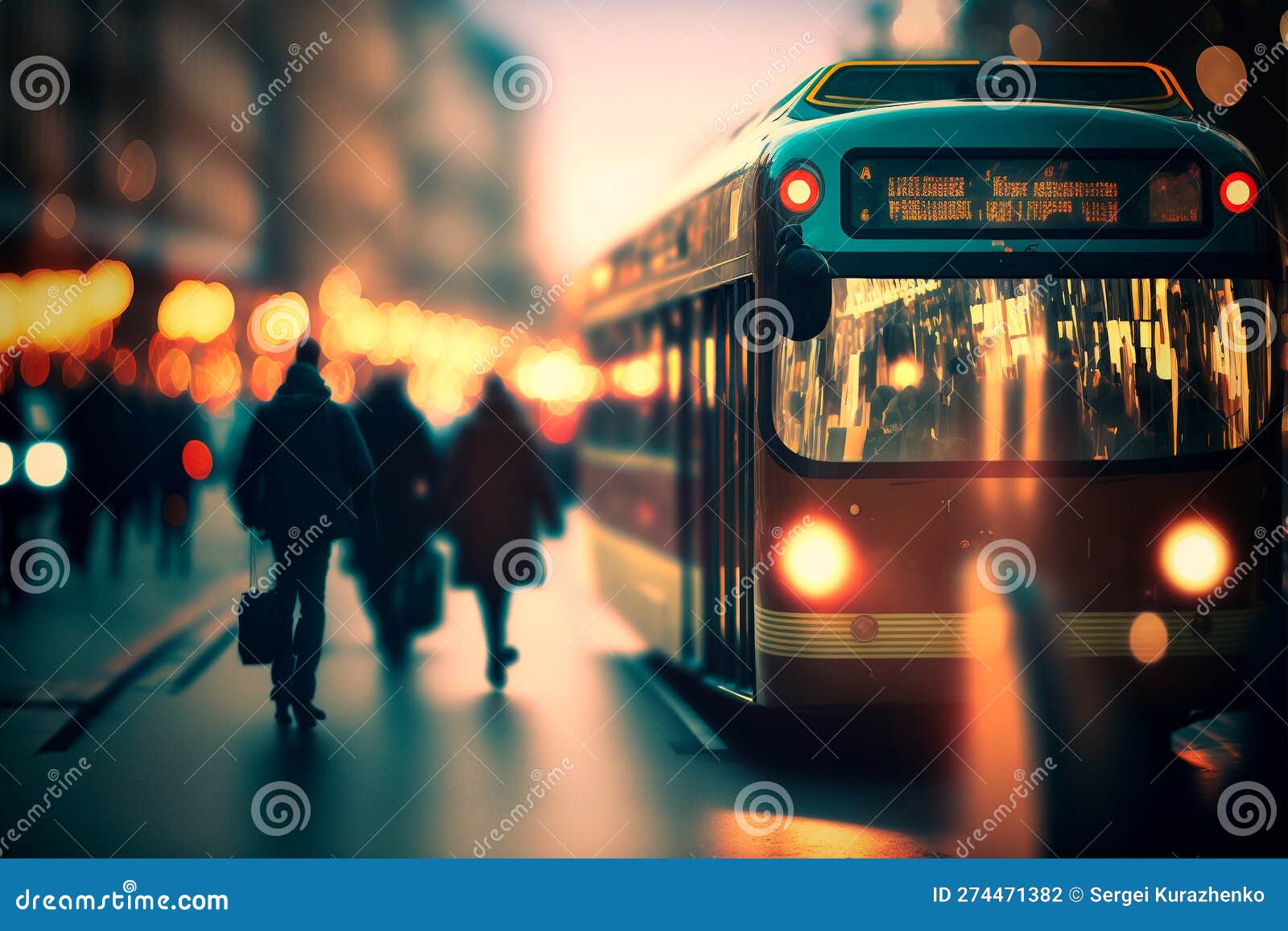 the bus patiently awaits its passengers in the shimmering lights