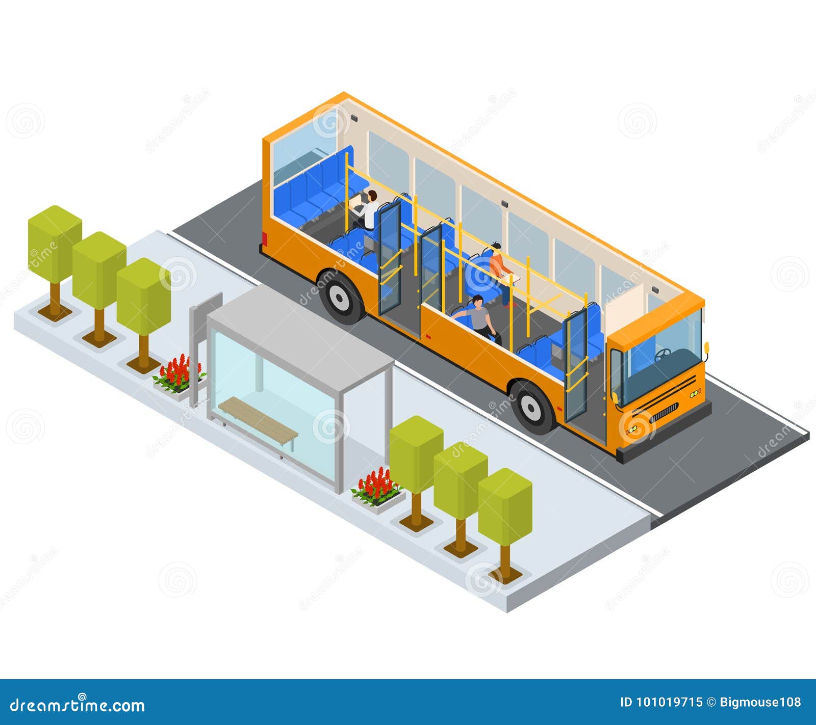 bus stop station autobus with people and seats isometric view. 