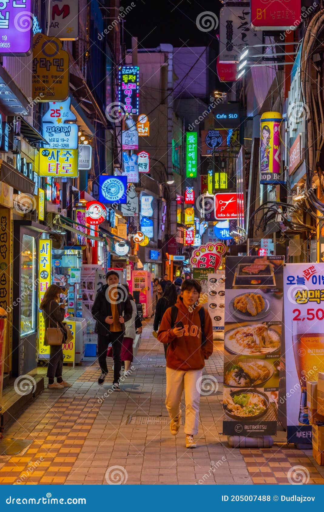 BUSAN, KOREA, OCTOBER 29, 2019: Night View of a Narrow Street in the