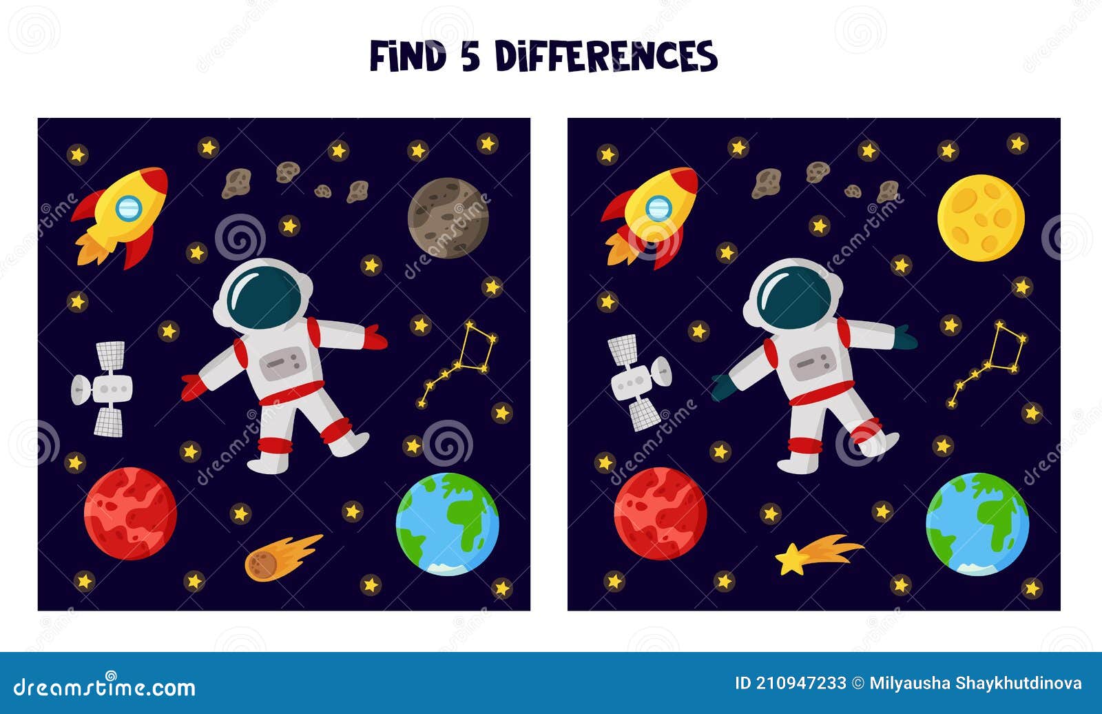 Buscar 5 Diferencias Entre Imágenes. Hoja De Trabajo Con Temas De Espacio  Para Niños. Ilustración del Vector - Ilustración de galaxia, actividad:  210947233