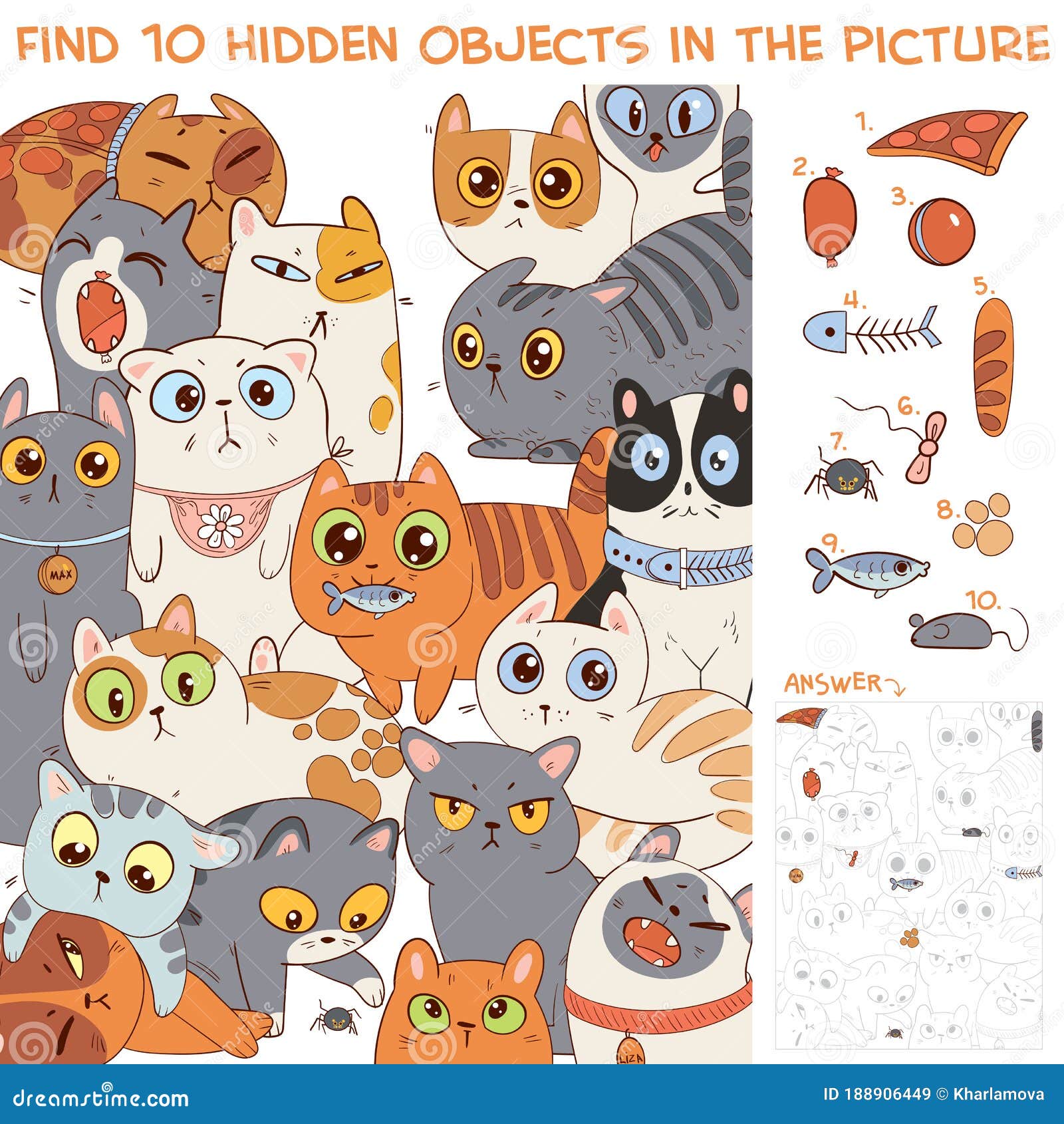 Buscar 10 Objetos Ocultos En La Imagen. Grupo De Diferentes Gatos  Ilustración del Vector - Ilustración de criba, casta: 188906449