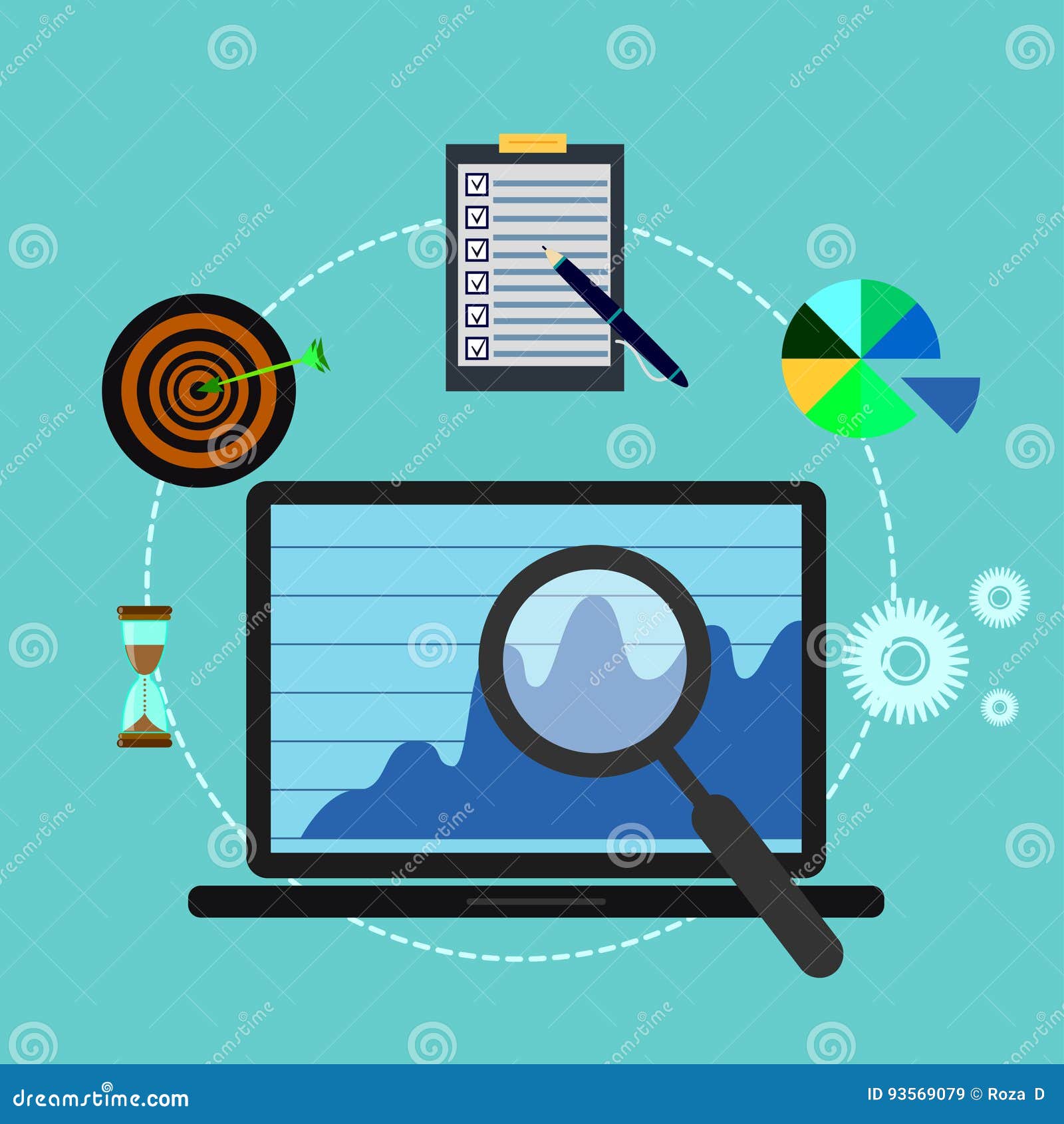 business analysis, laptop, magnifier, target, hourglass