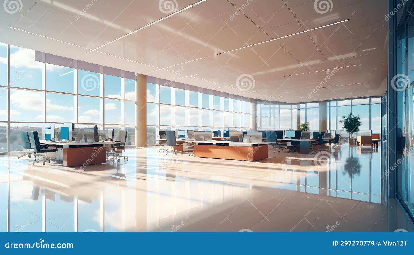 a modern office, open space with panoramic windows and a view