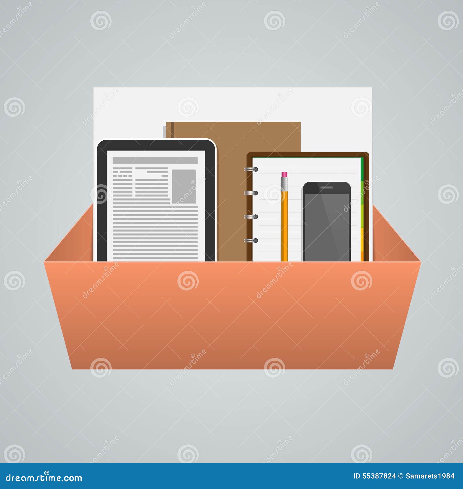 Business Box with Office Supplies. Creative Concept Stock Vector