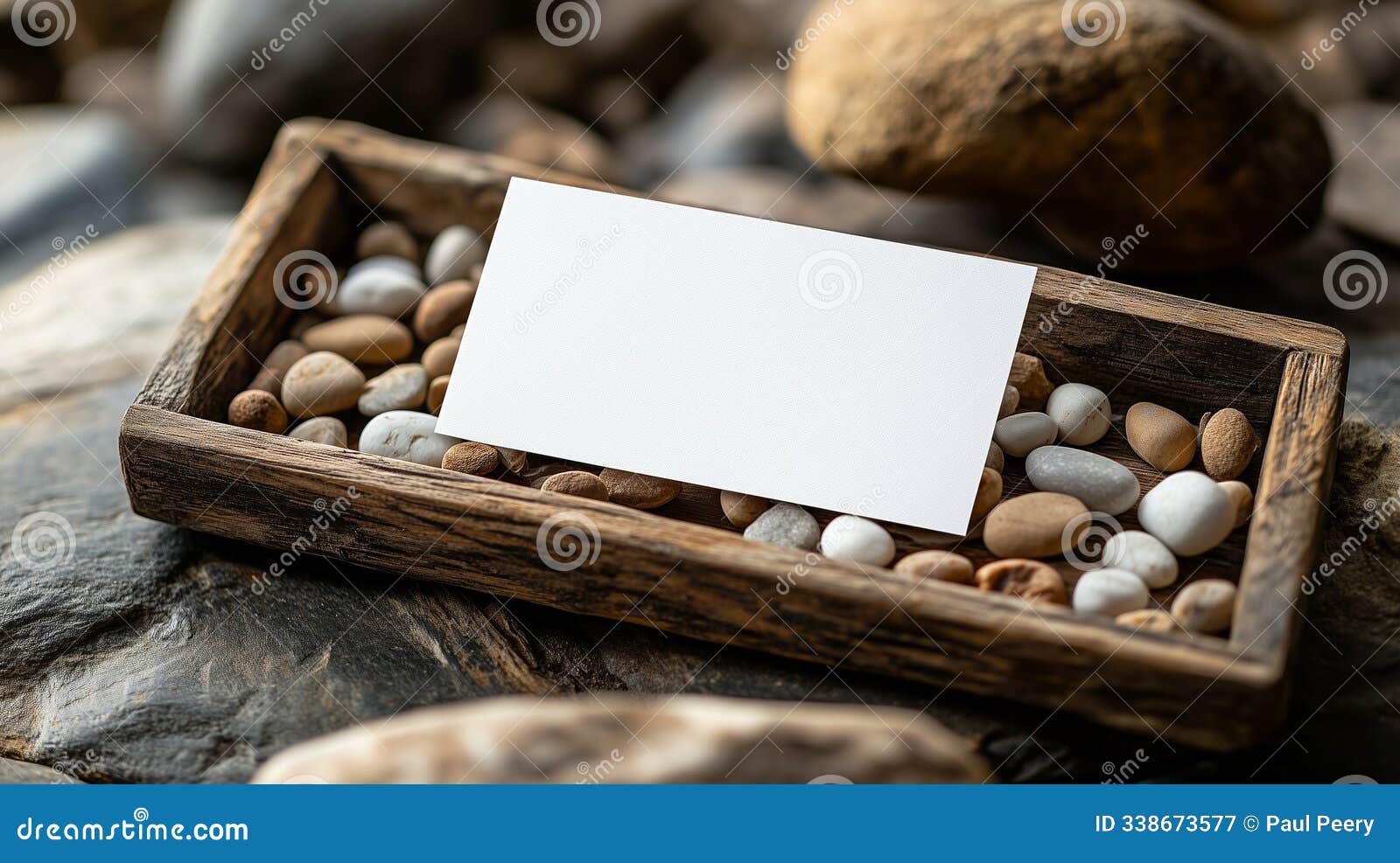 business card mockup on natural stones and wooden box rustic scene natural texture