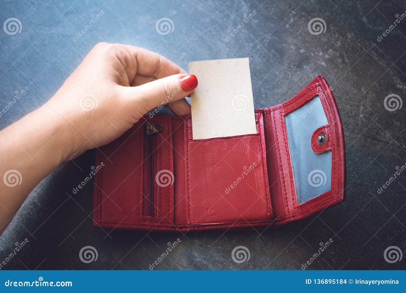 Download Business Card Mockup Women Hand Holding Paper Blank Business Card In Red Leather Wallet Stock Photo Image Of Women Paper 136895184