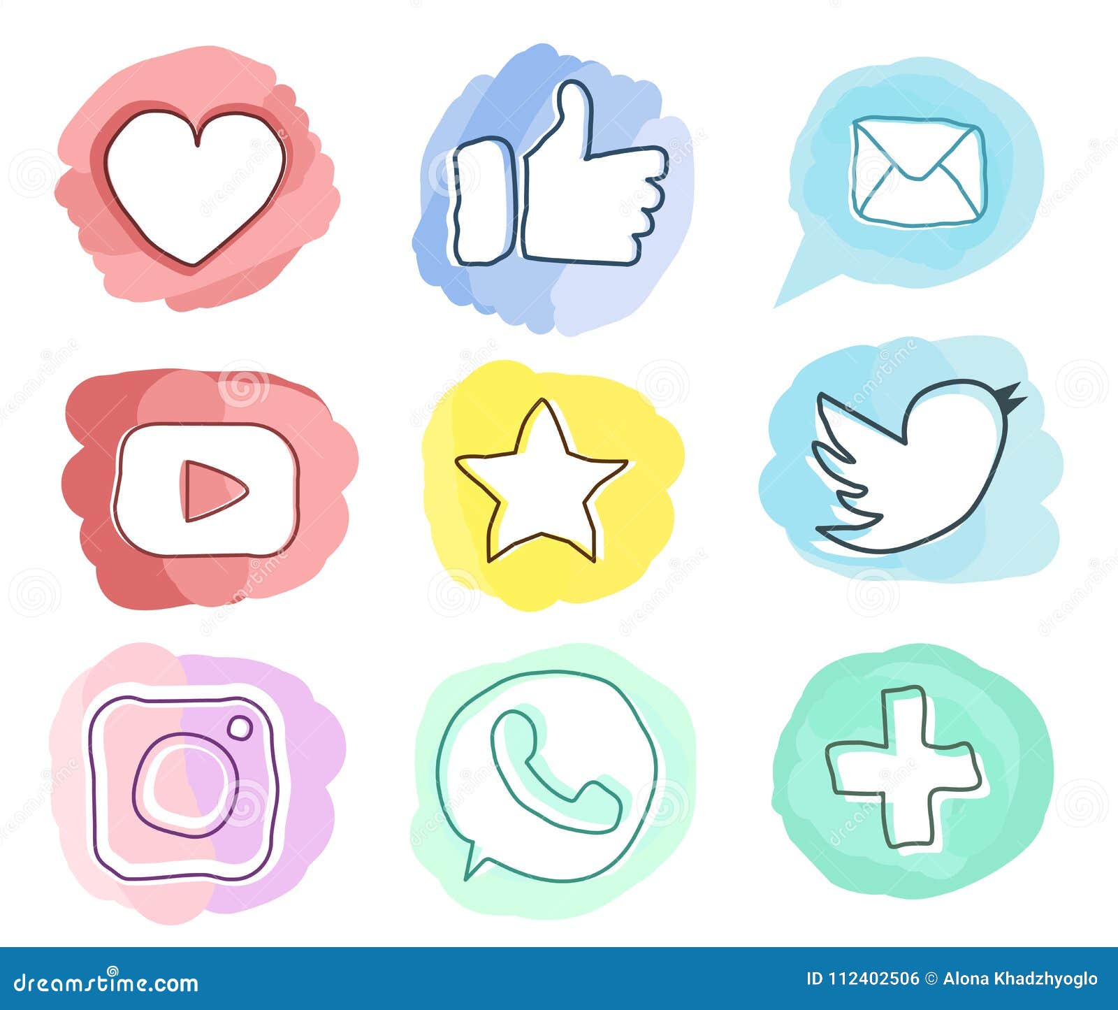 Set Of Social Media Iconstrendy Style Watercolor Doodle Vector In