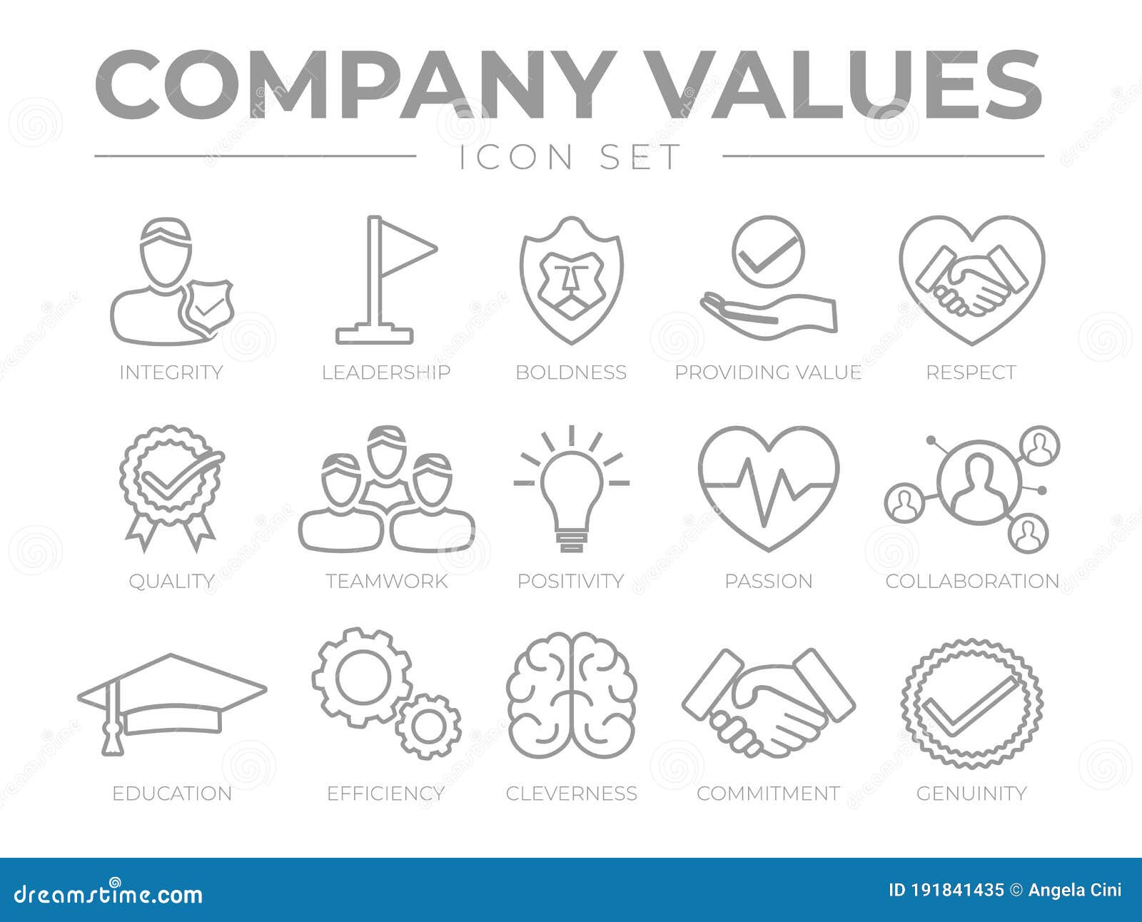 business company values outline icon set. integrity, leadership, boldness, value, respect, quality, teamwork, positivity, passion