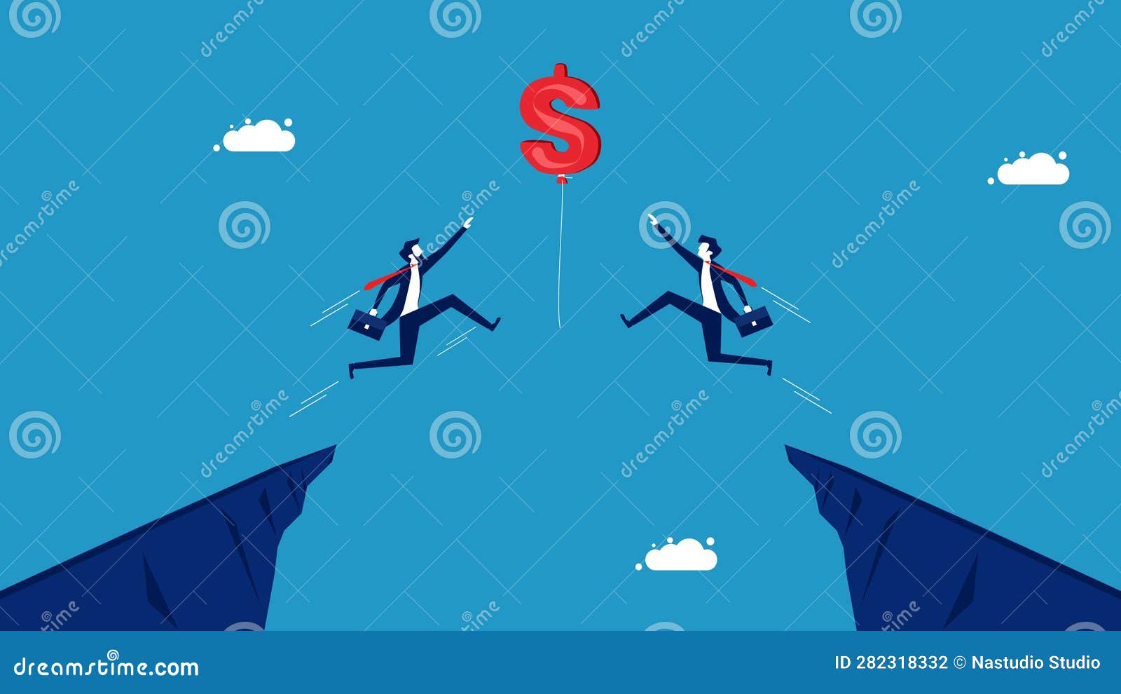 business competition for business benefits. two businessmen jumping vying for dollar balloon