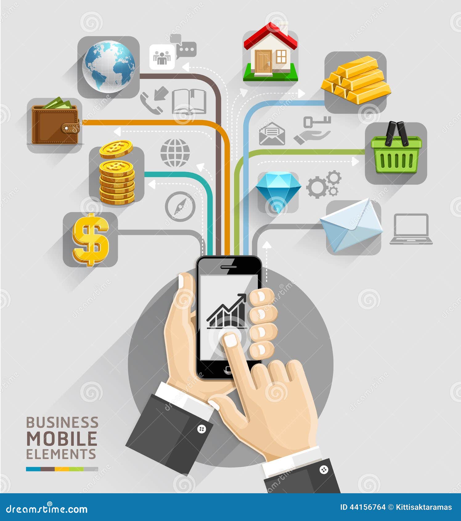 Business Computer Network. Business Hand with Mobile Template Stock Vector Illustration of