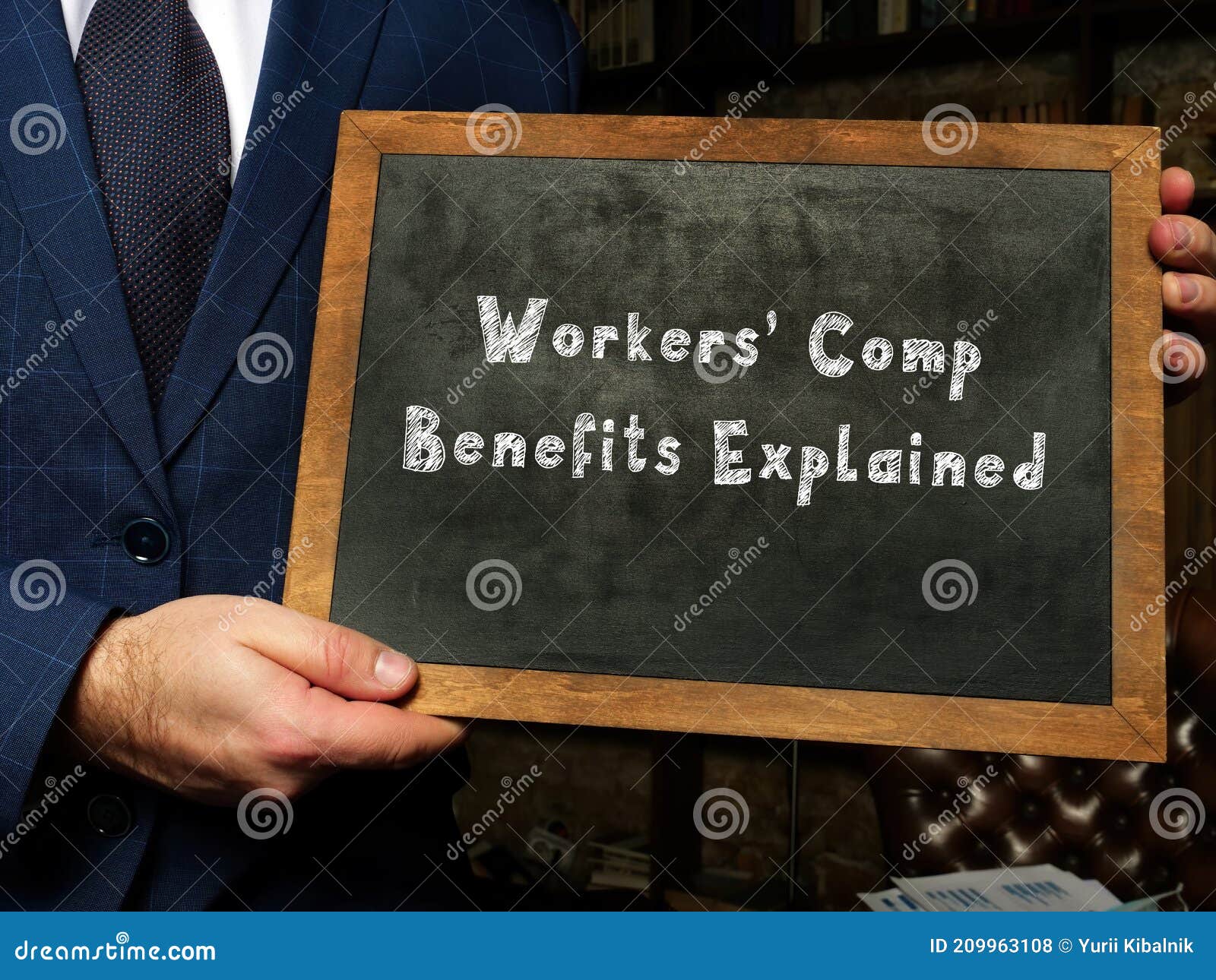 business concept meaning workers` comp benefits explained with inscription on chalkboard