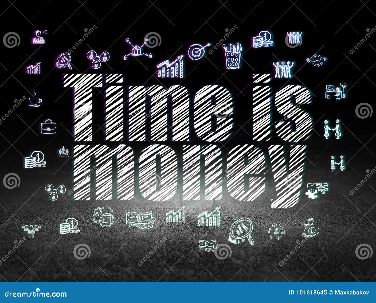 Business concept: Time is Money in grunge dark room. Business concept: Glowing text Time is Money, Hand Drawn Business Icons in grunge dark room with Dirty Floor, black background