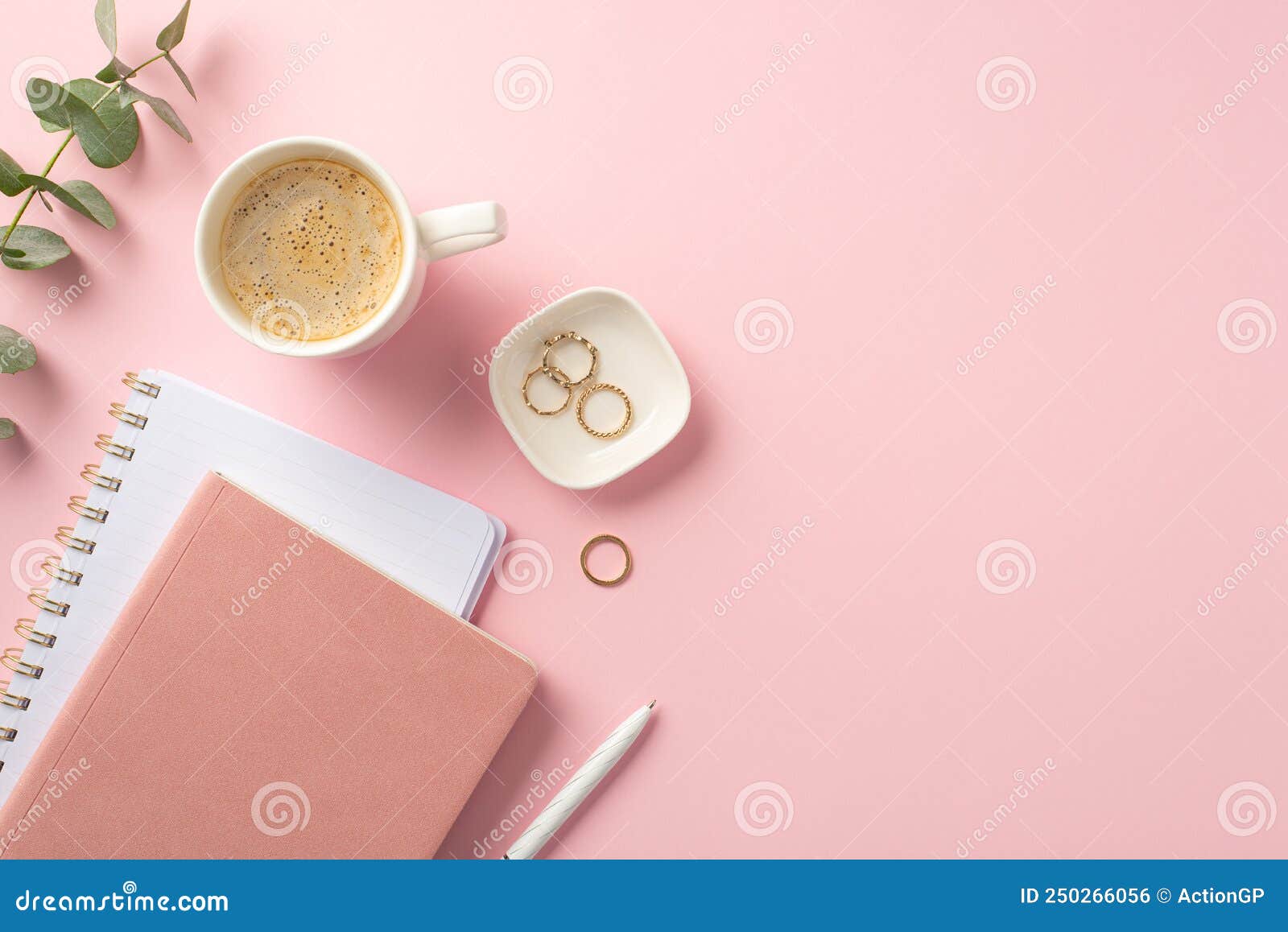 Business Concept. Top View Photo of Workplace Pink Reminders Pen Gold ...