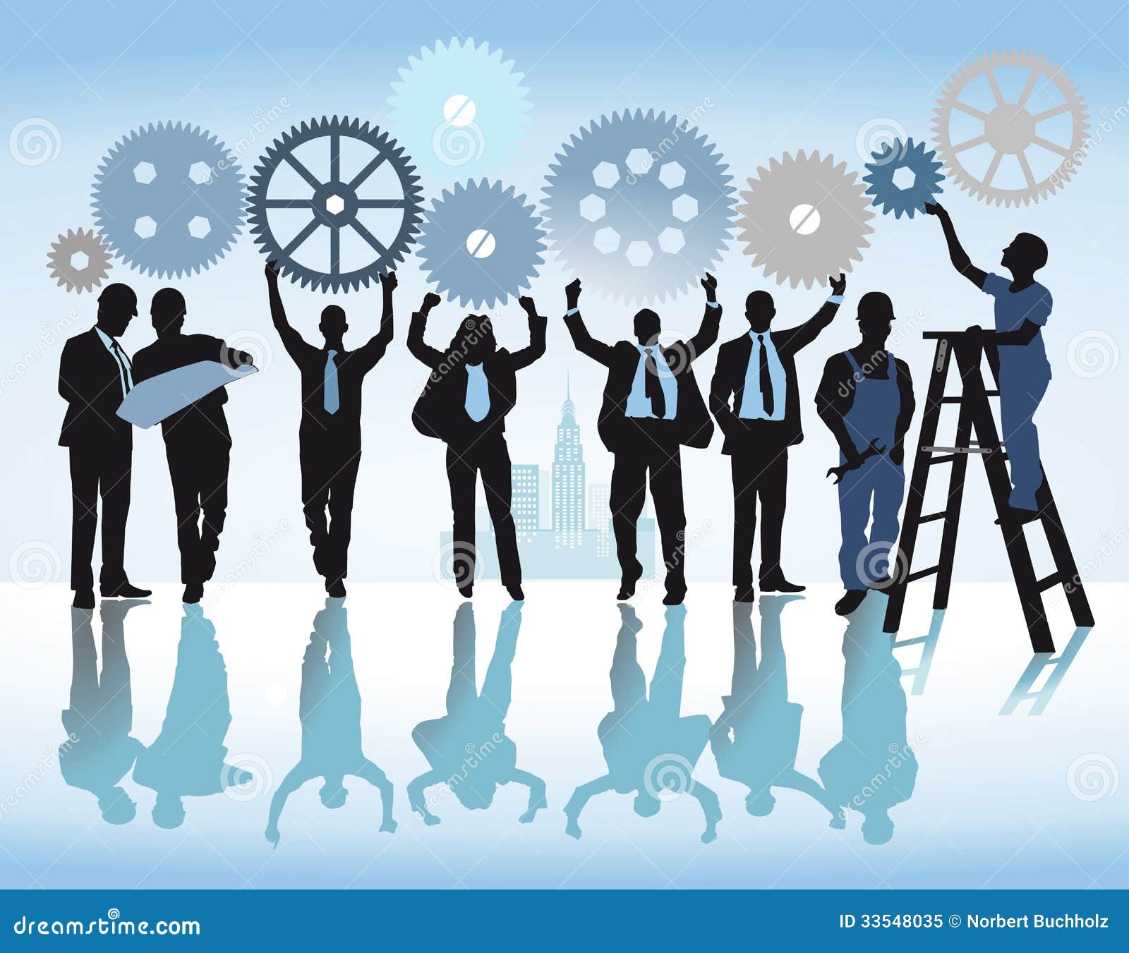 Illustration of silhouetted business team cooperating with set of 